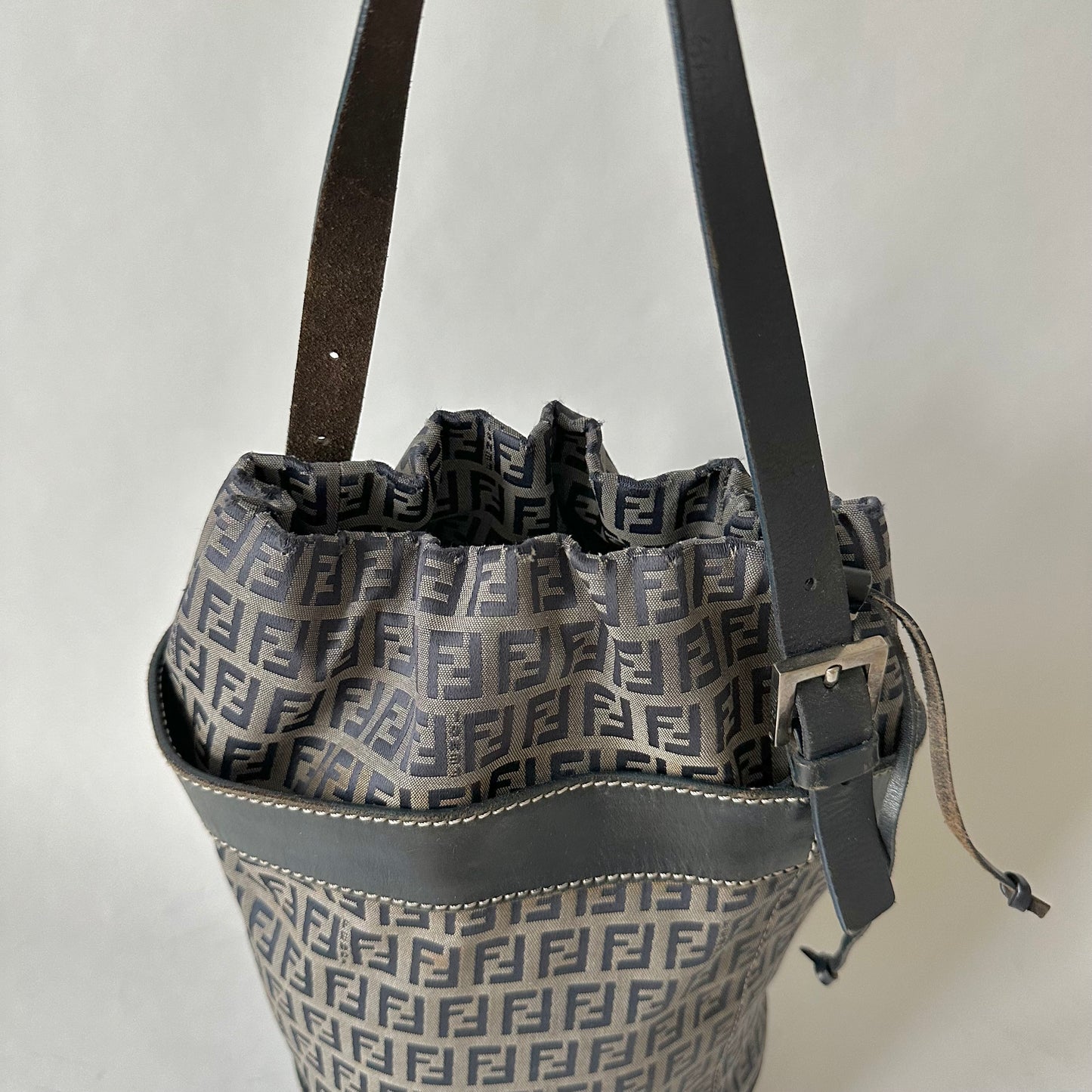 Fendi Navy Zucchino Drawstring Bucket Bag