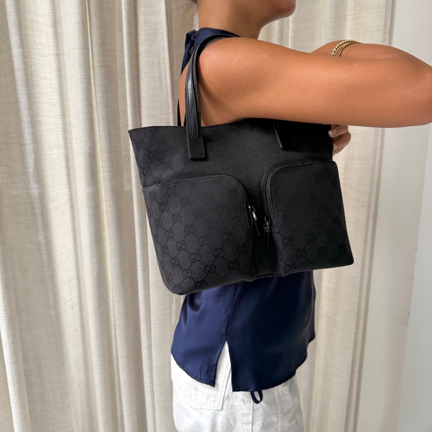 Gucci Black Monogram Double Front Pocket Tote Bag