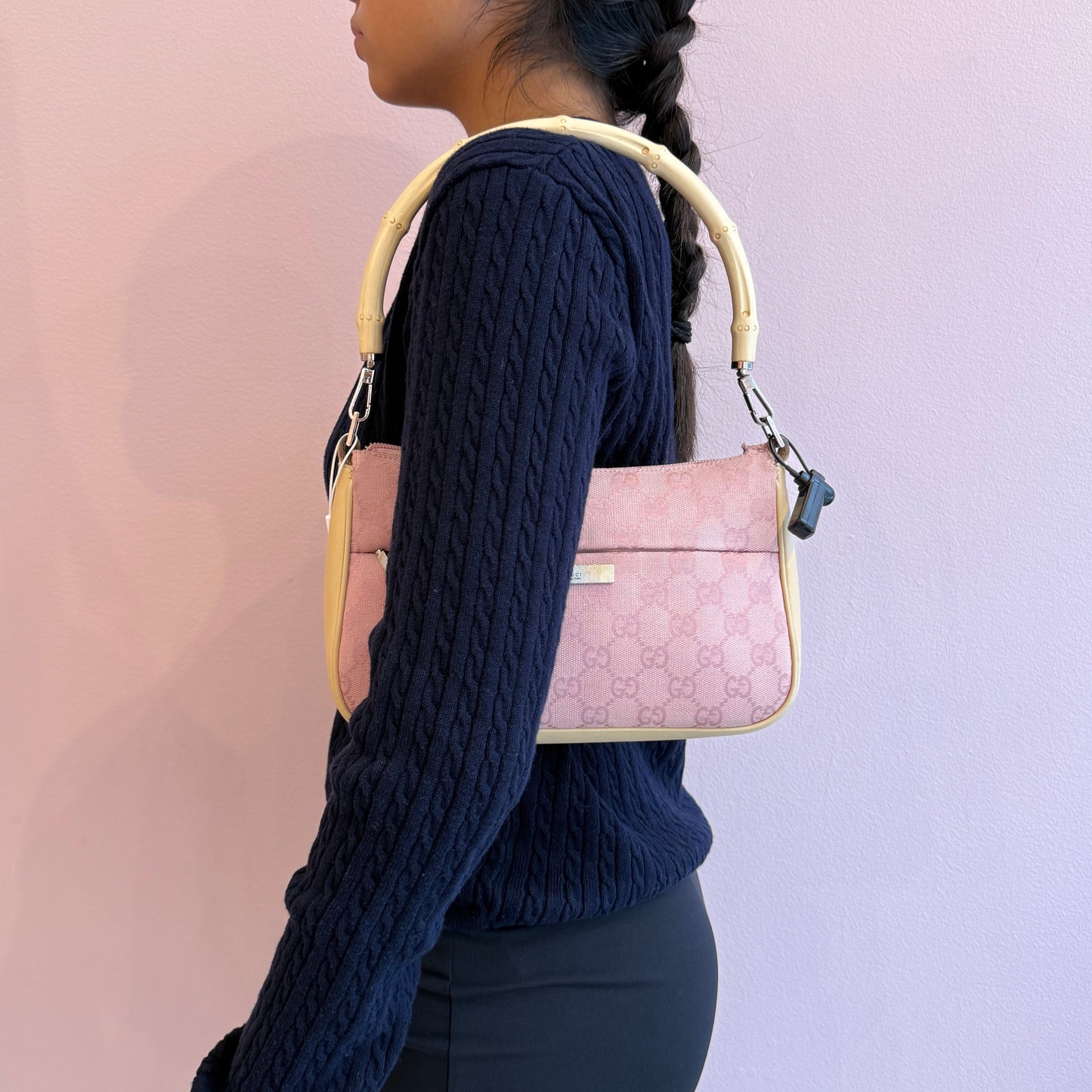Gucci Pink Monogram Bamboo Handle Shoulder Bag