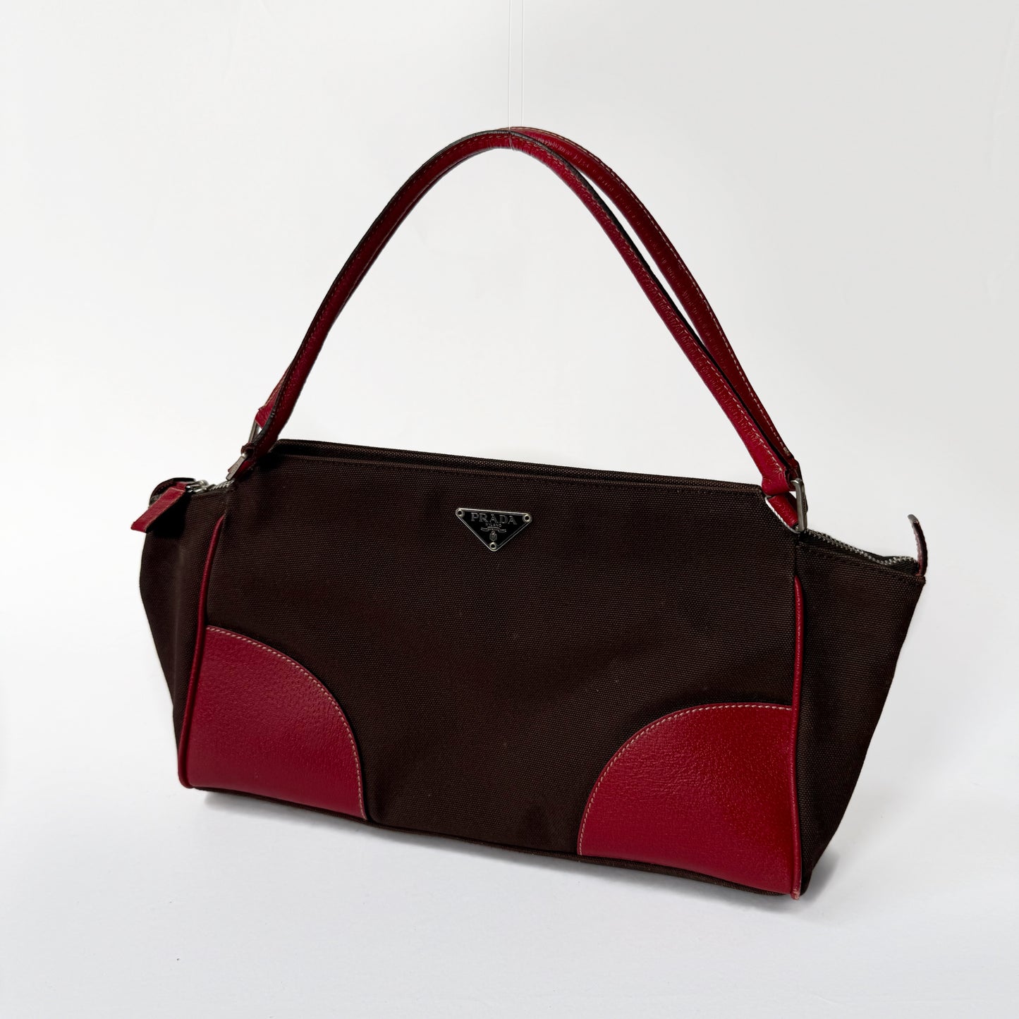 Prada Brown Canvas & Red Leather Shoulder Tote Bag