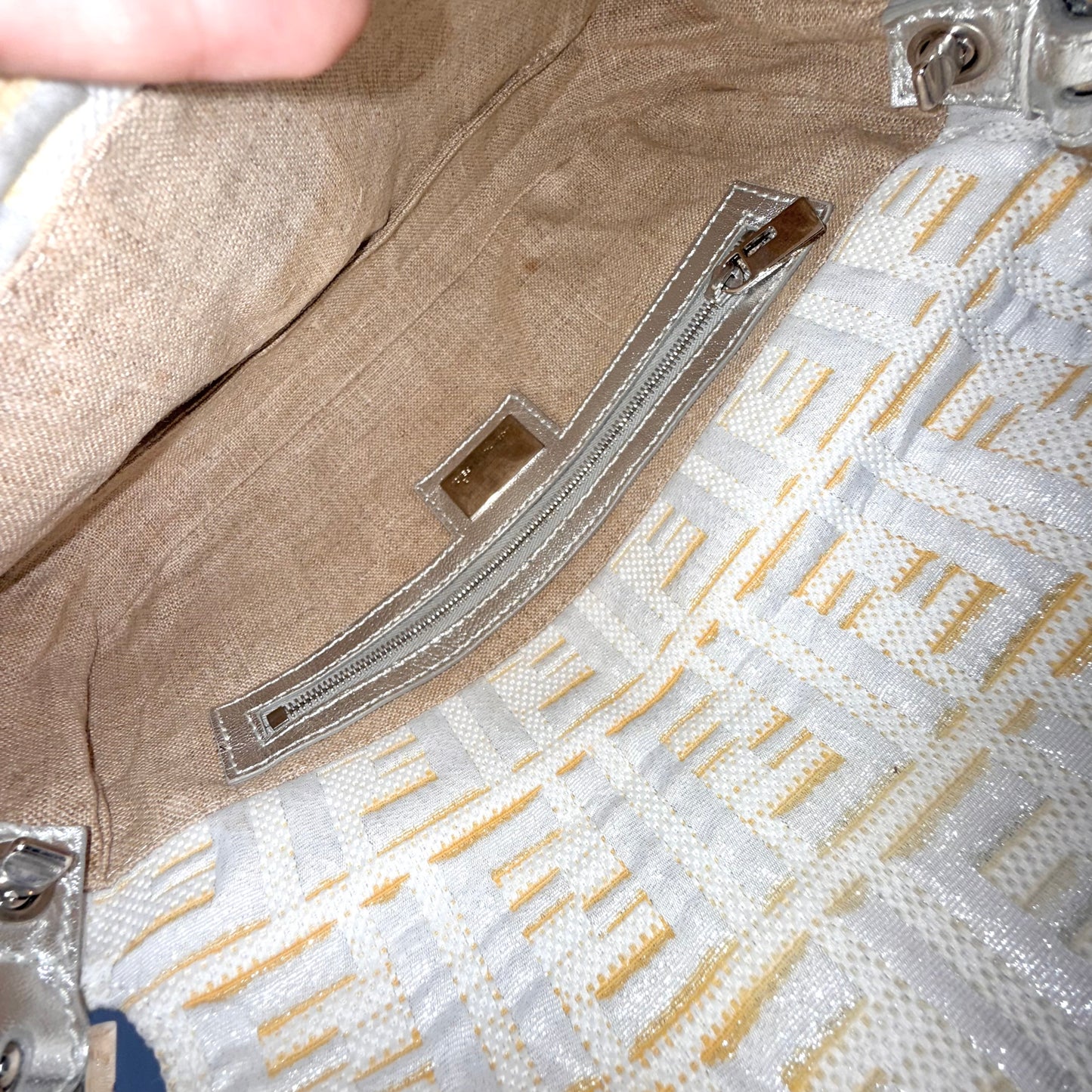 Fendi Cream Metallic Zucca Canvas Baguette Shoulder Bag