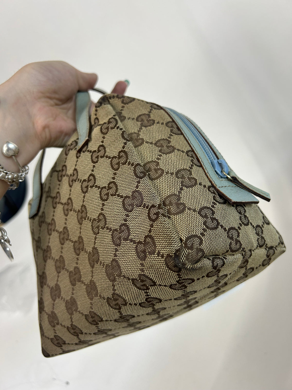 Gucci Brown Monogram Canvas Baby Blue Trim Top Handle Bag