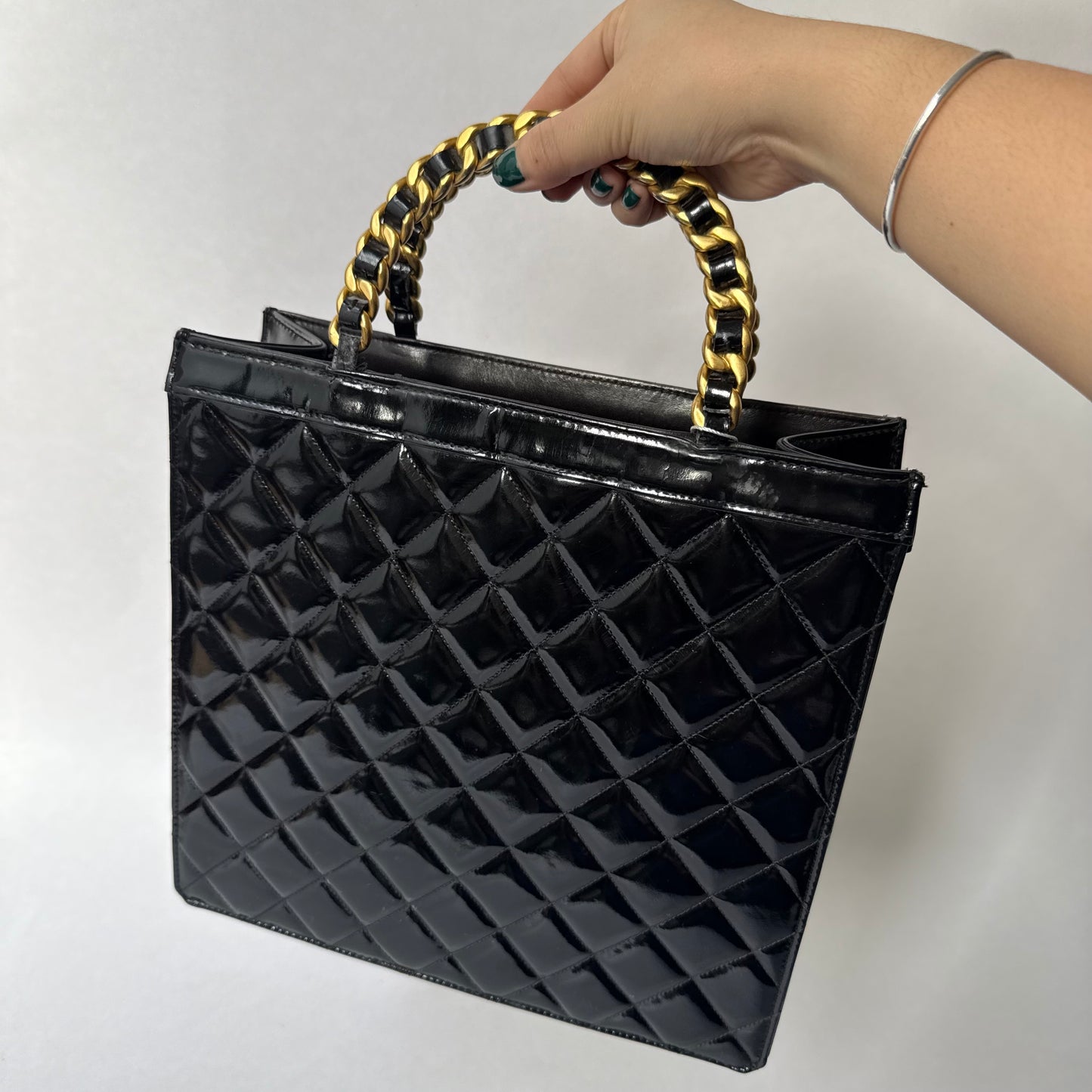 Chanel Black Patent Leather Quilted Top Handle Chain Tote