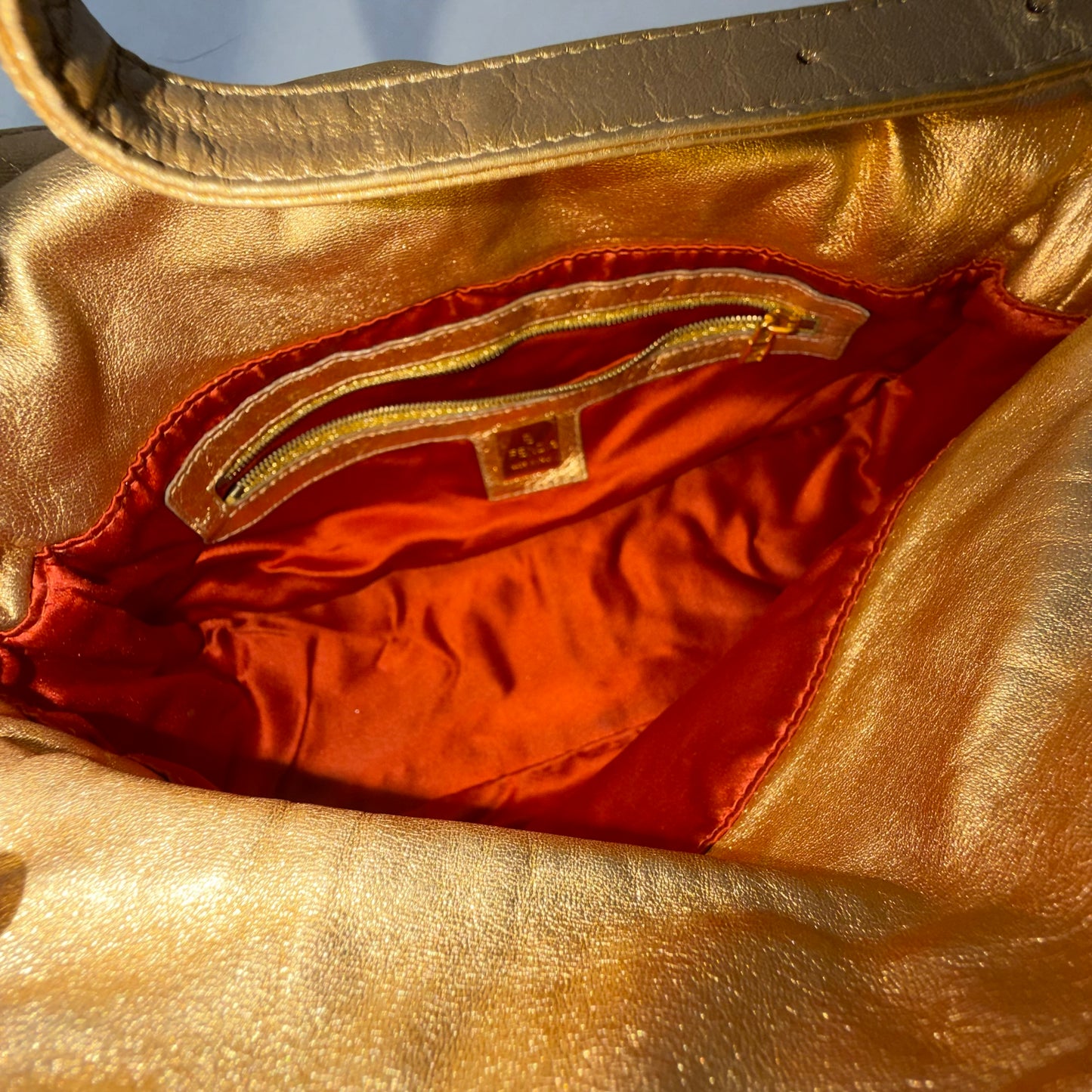 Fendi Gold Metallic Leather Rounded Baguette Shoulder Bag