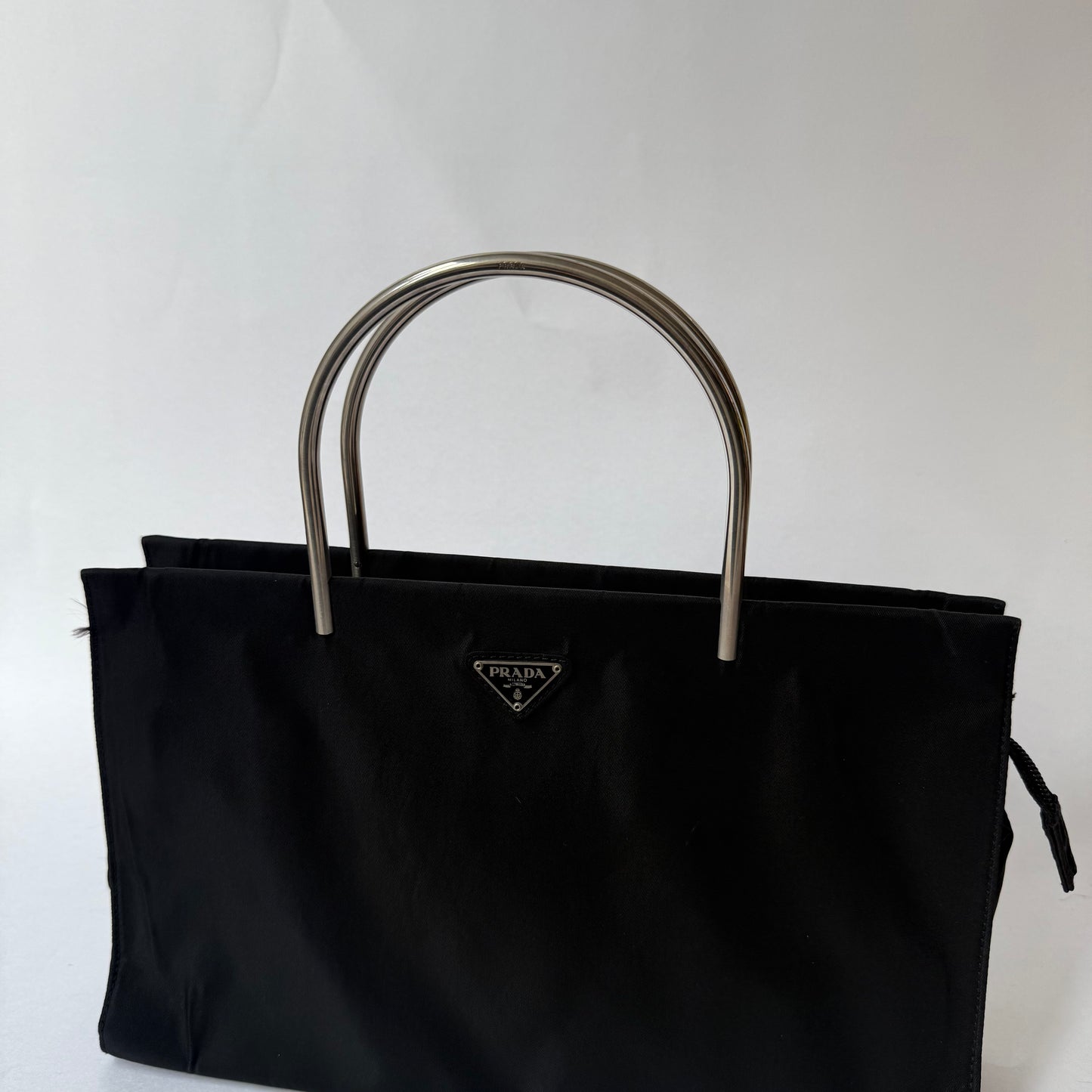Prada Black Nylon Metal Handle E/W Tote Bag