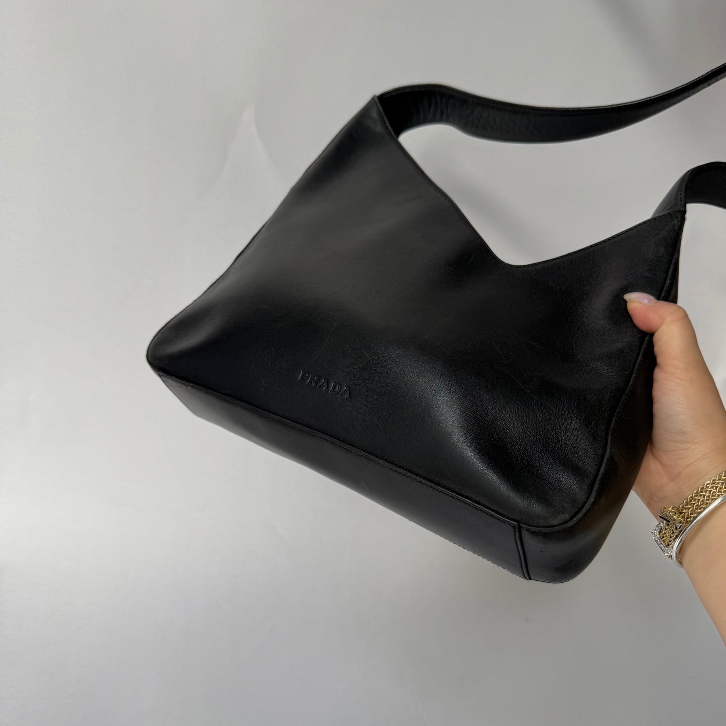 Prada Black Lambskin Asymmetric V Shoulder Bag