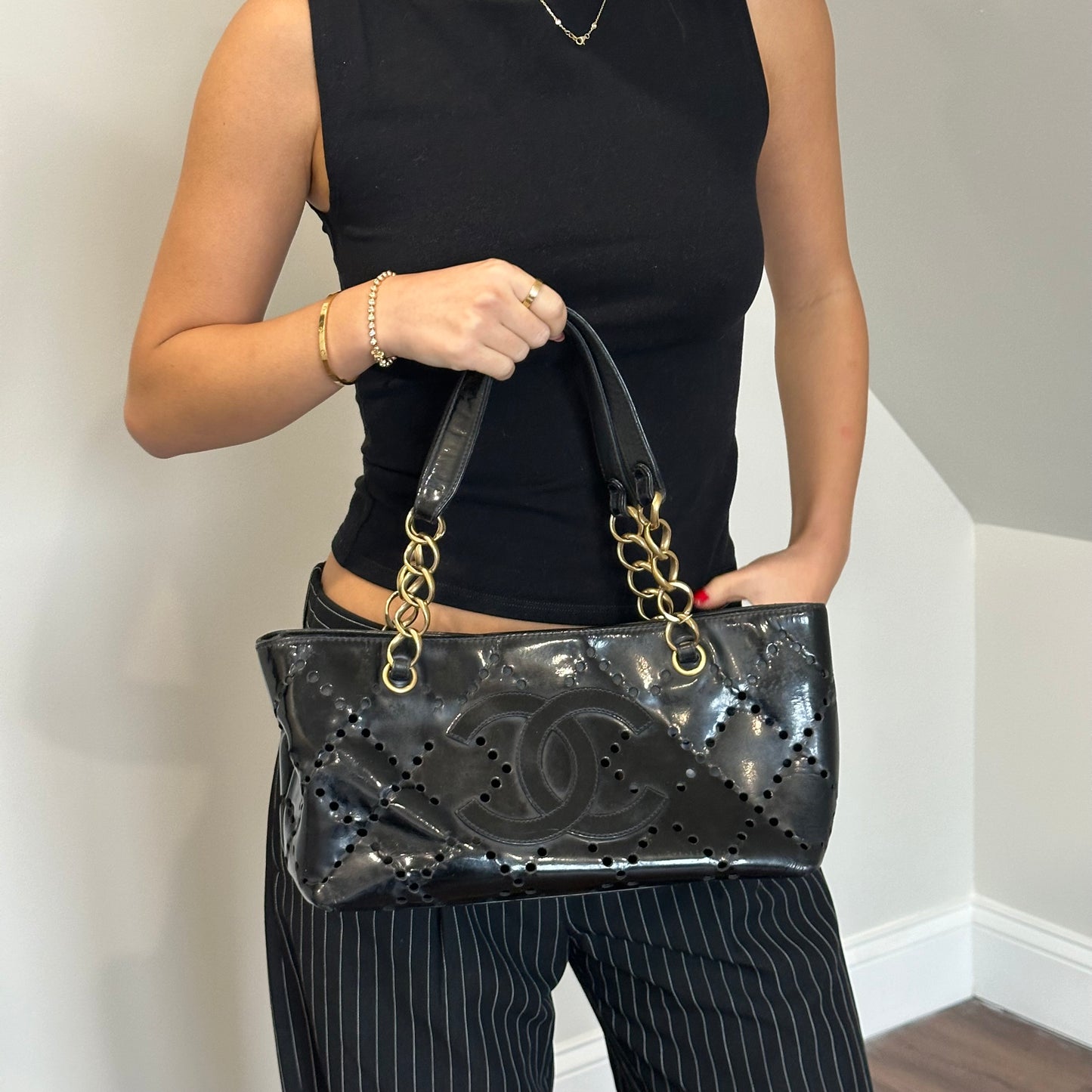 Chanel Black Patent Perforated Tote
