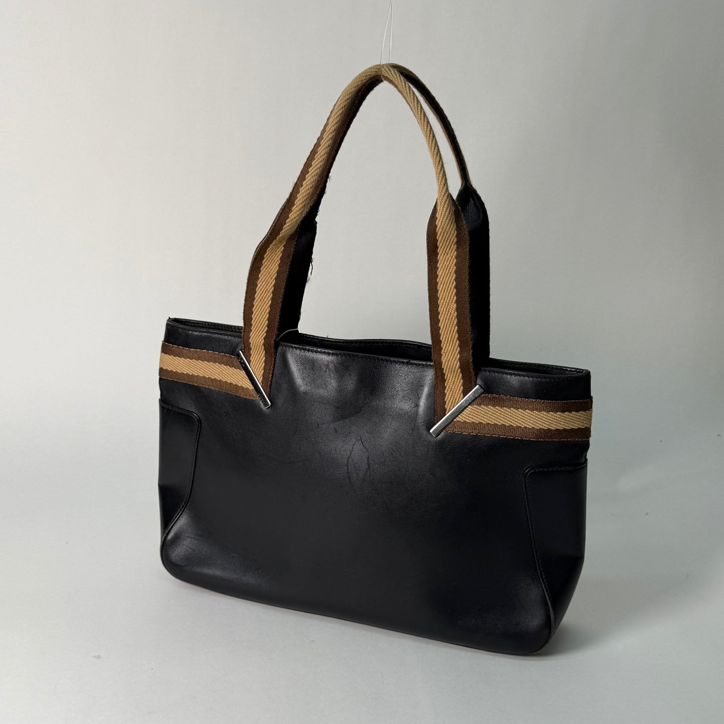 Gucci Black Leather Shoulder Bag w/ Canvas Handle