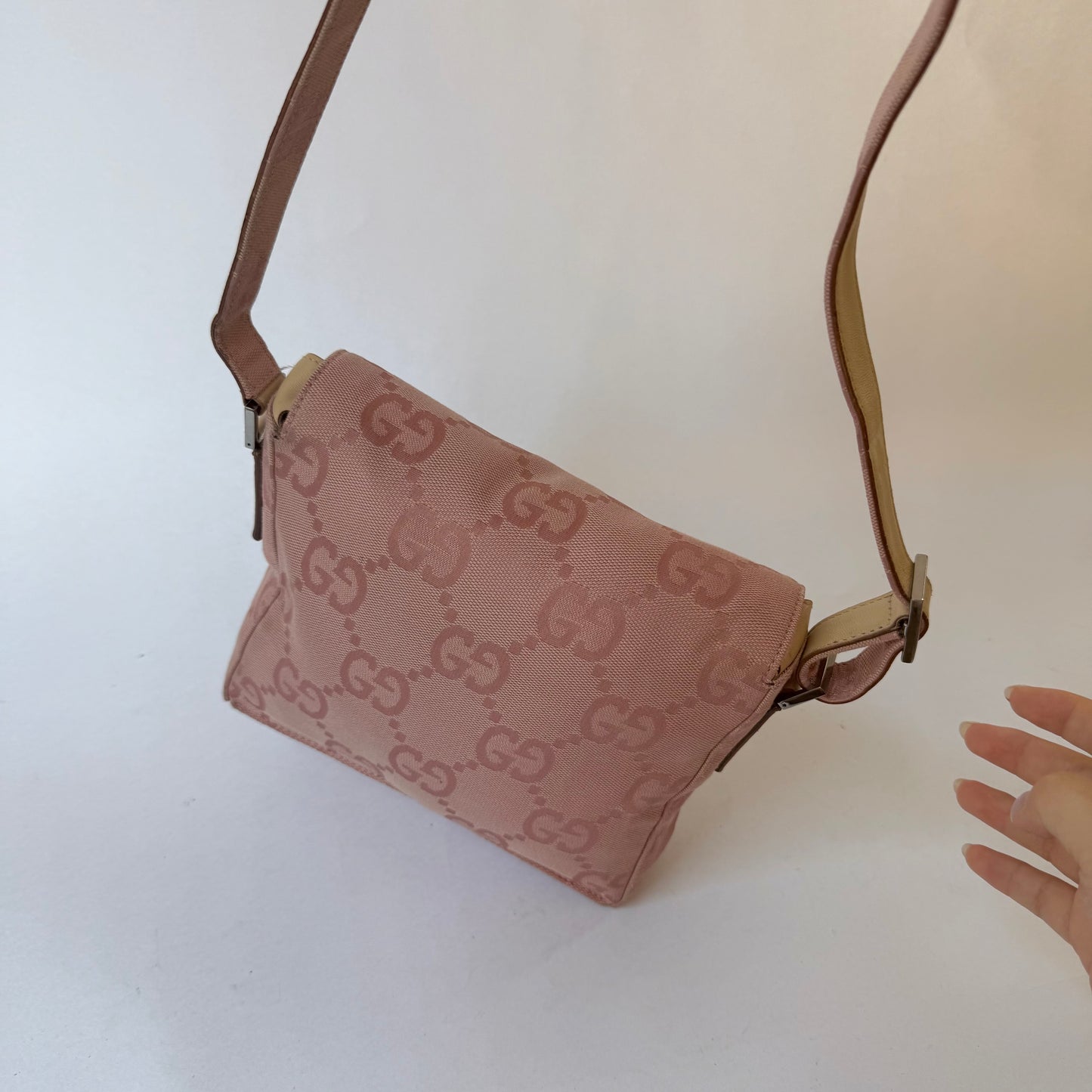Gucci Pink Monogram & Beige Leather Shoulder Bag
