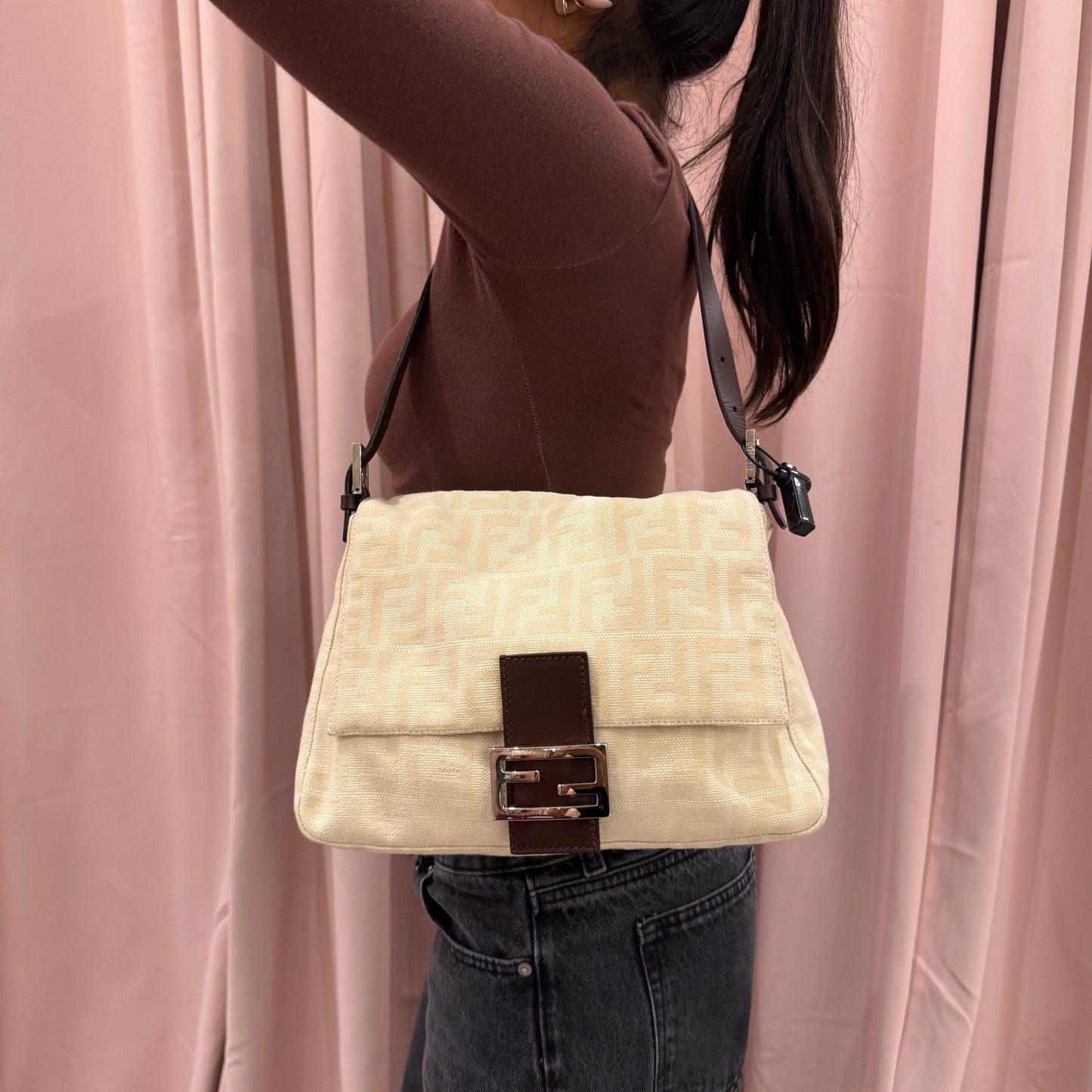 Fendi Ivory & Brown Canvas Leather Zucca Monogram Mamma Bageutte Shoulder Bag