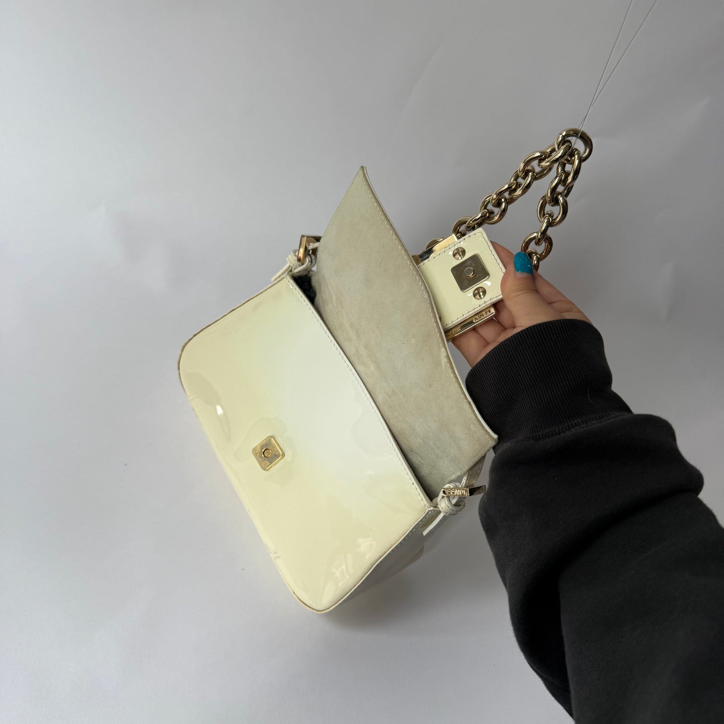 Fendi Cream Patent Leather Mini Mama Baguette w/ Chain Strap