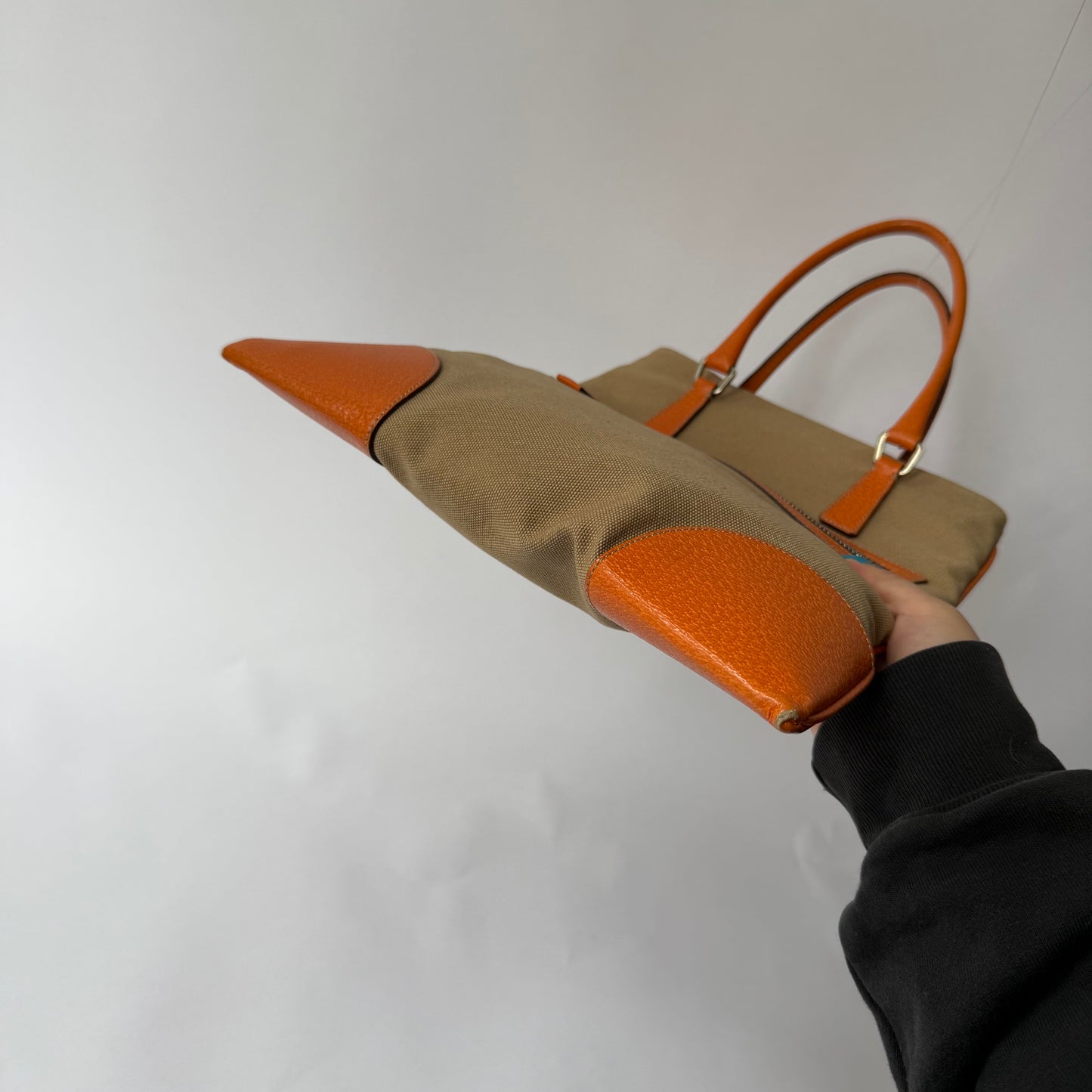 Prada Beige Canvas & Orange Leather Flat Tote Bag