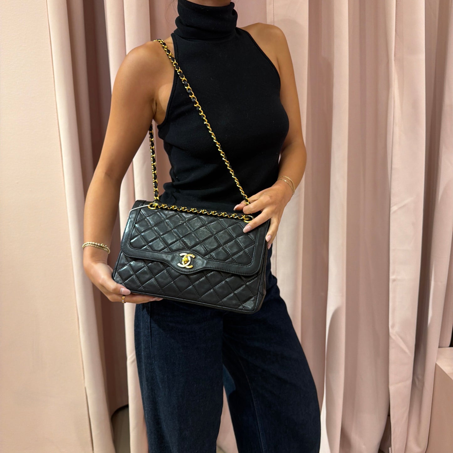 Chanel Black Lambskin Leather Quilted Paris Exclusive Two-Tone Double Flap