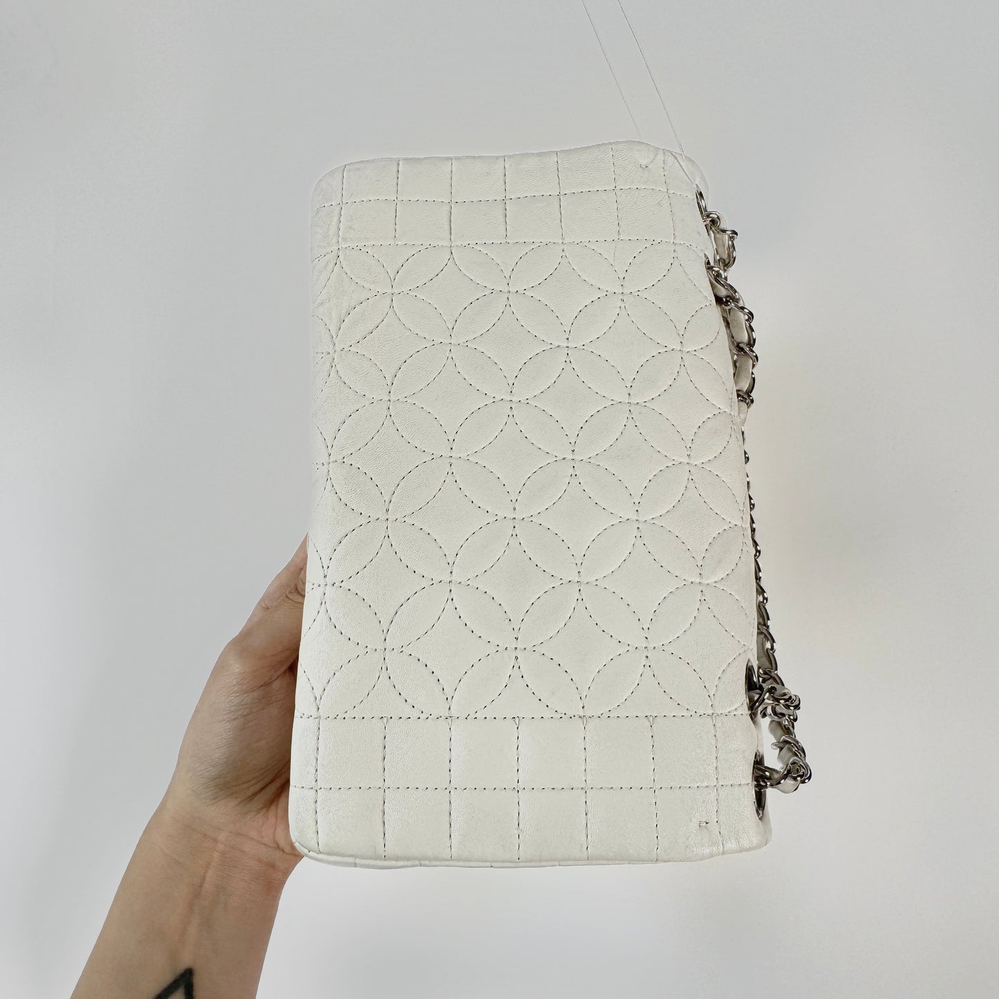 Chanel White Leather Lady Graphic Quilted Camellia Flap Bag