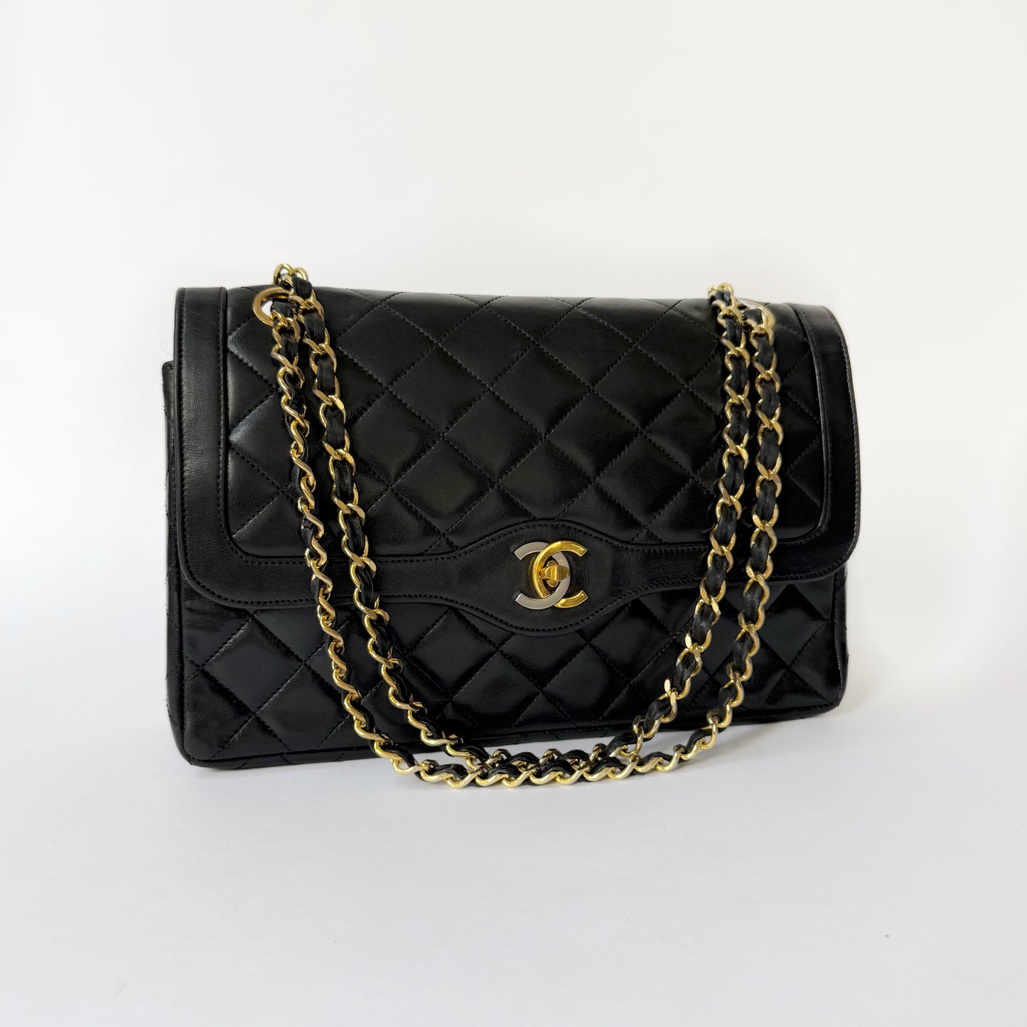 Chanel 1986 Black Lambskin Two-Tone Vintage Double Flap Bag