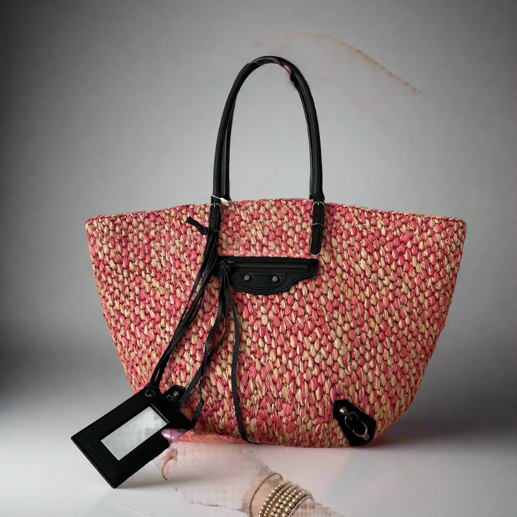 NEW Balenciaga Fuschia Rafia Pochette Chain Shoulder Bag w Attached M Rebelonging