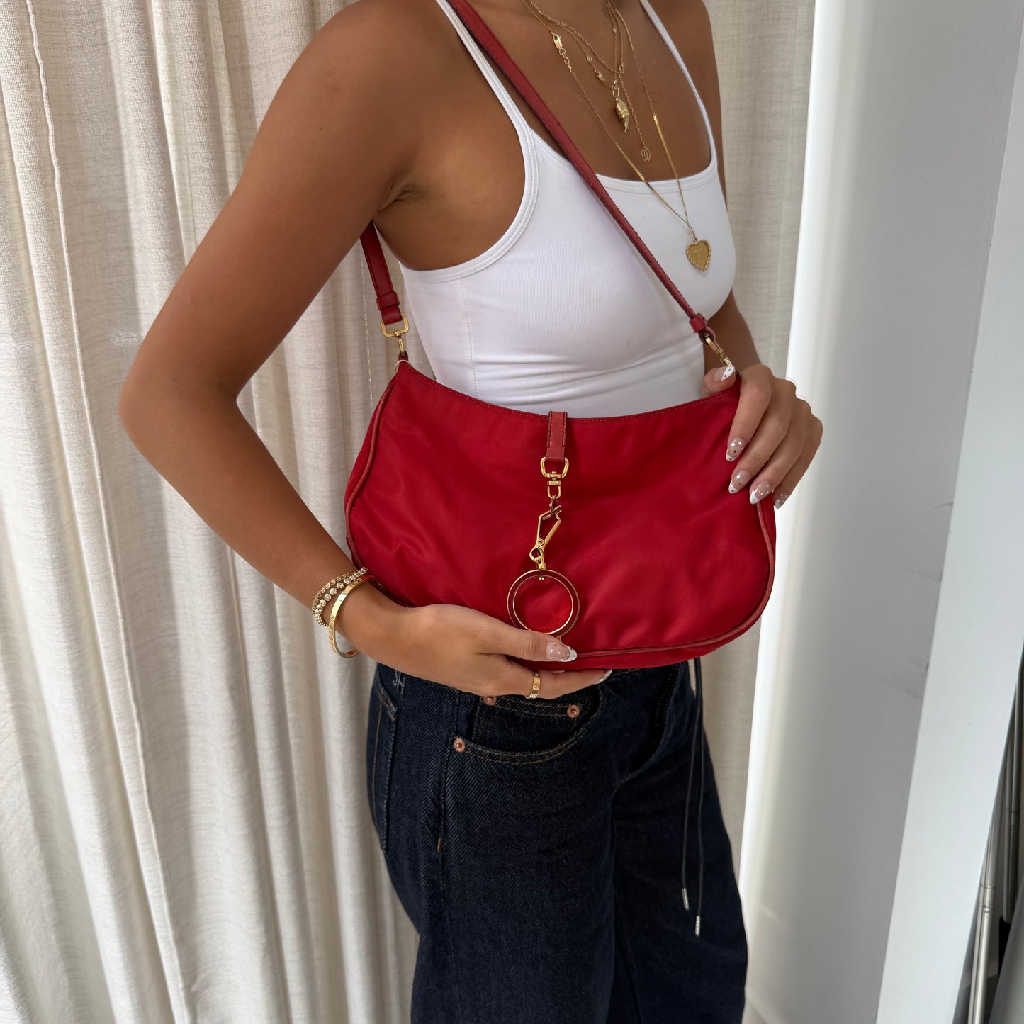 Prada Red Nylon & Gold HW Shoulder Bag