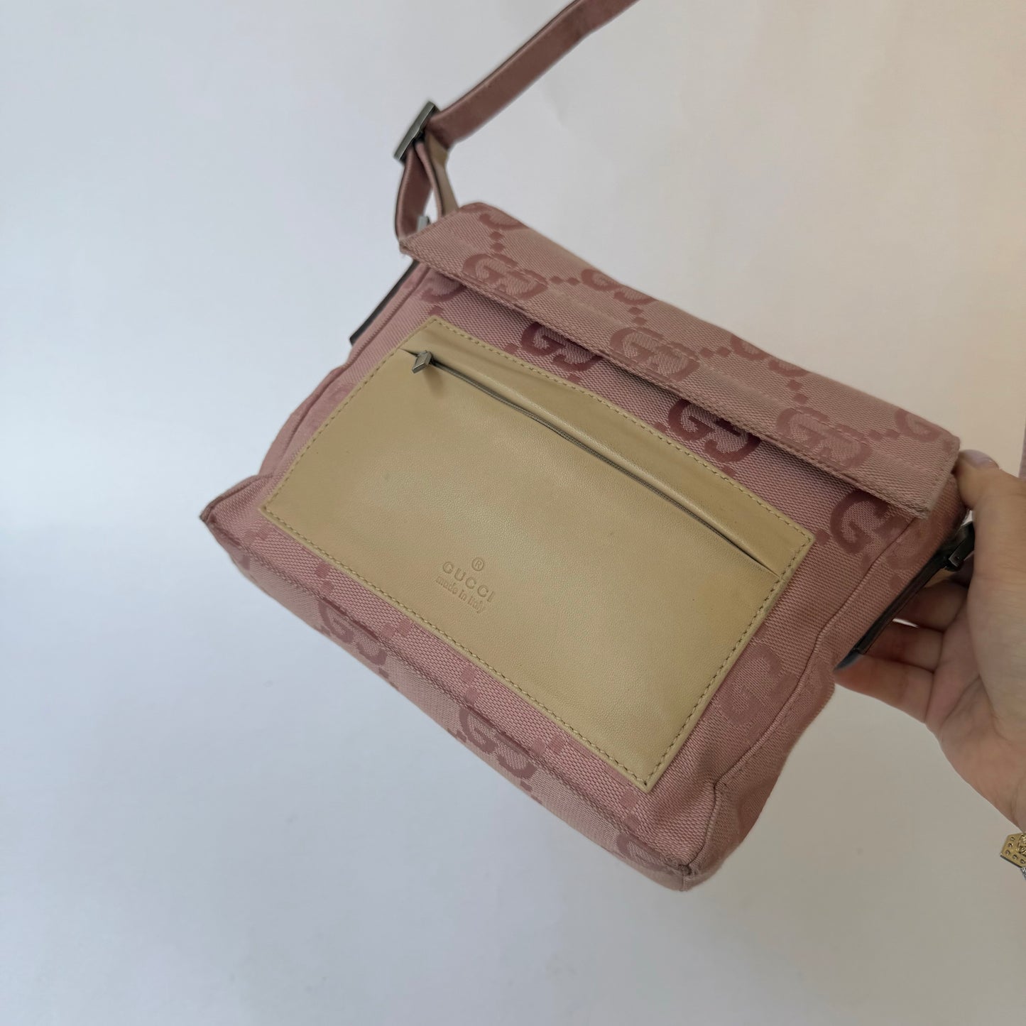 Gucci Pink Monogram & Beige Leather Shoulder Bag