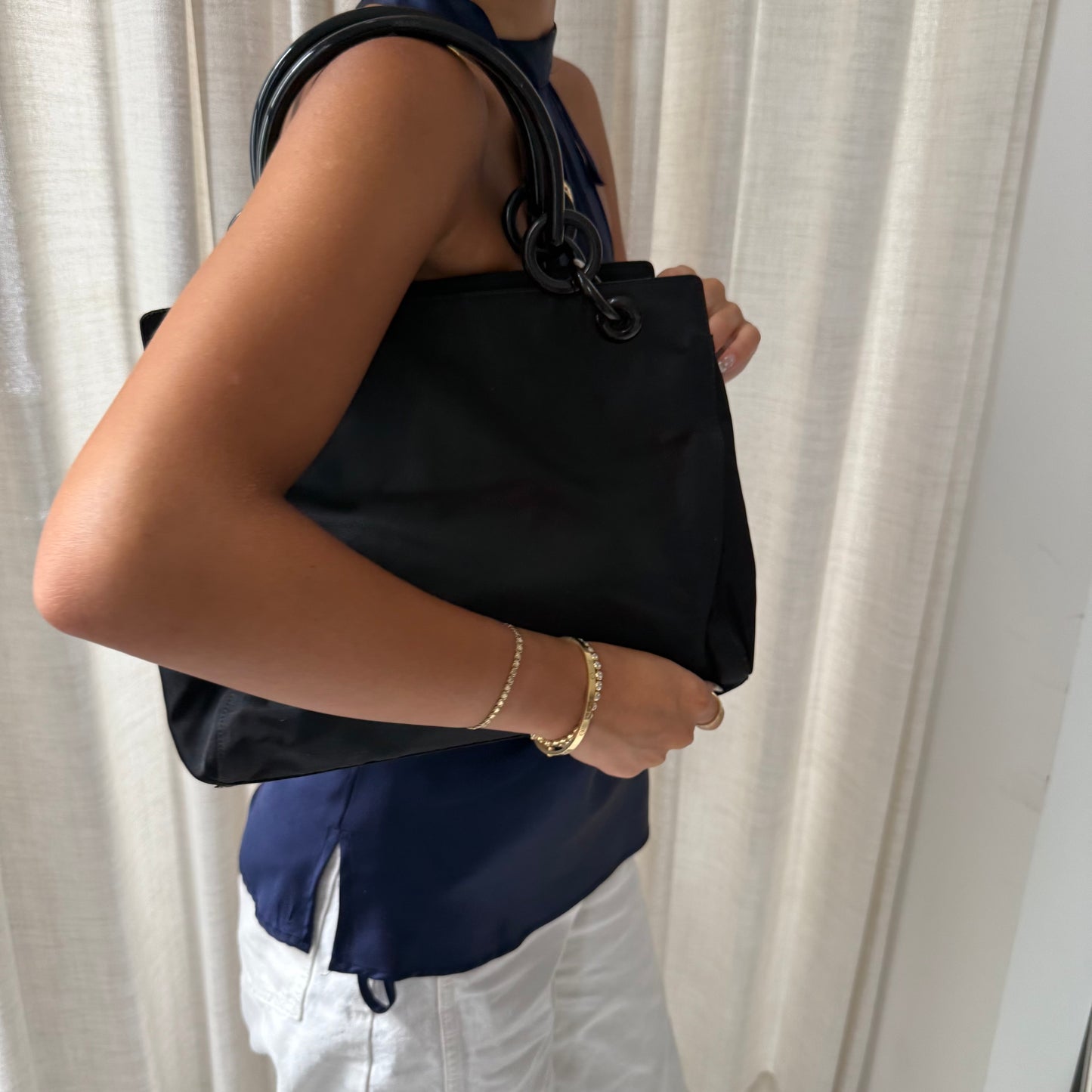 Prada Black Nylon Black Acrylic Handle Tote Bag