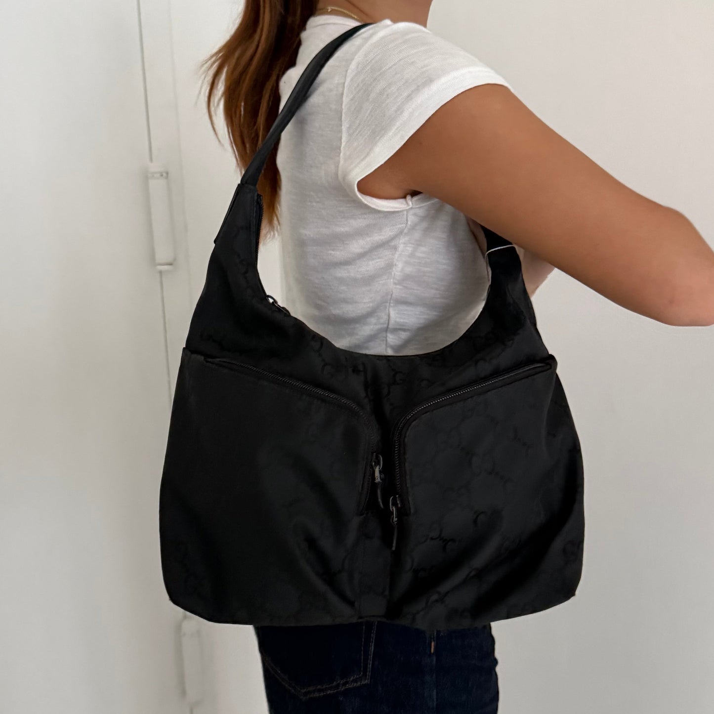 Gucci Black Canvas Monogram Double Pocket Shoulder Bag