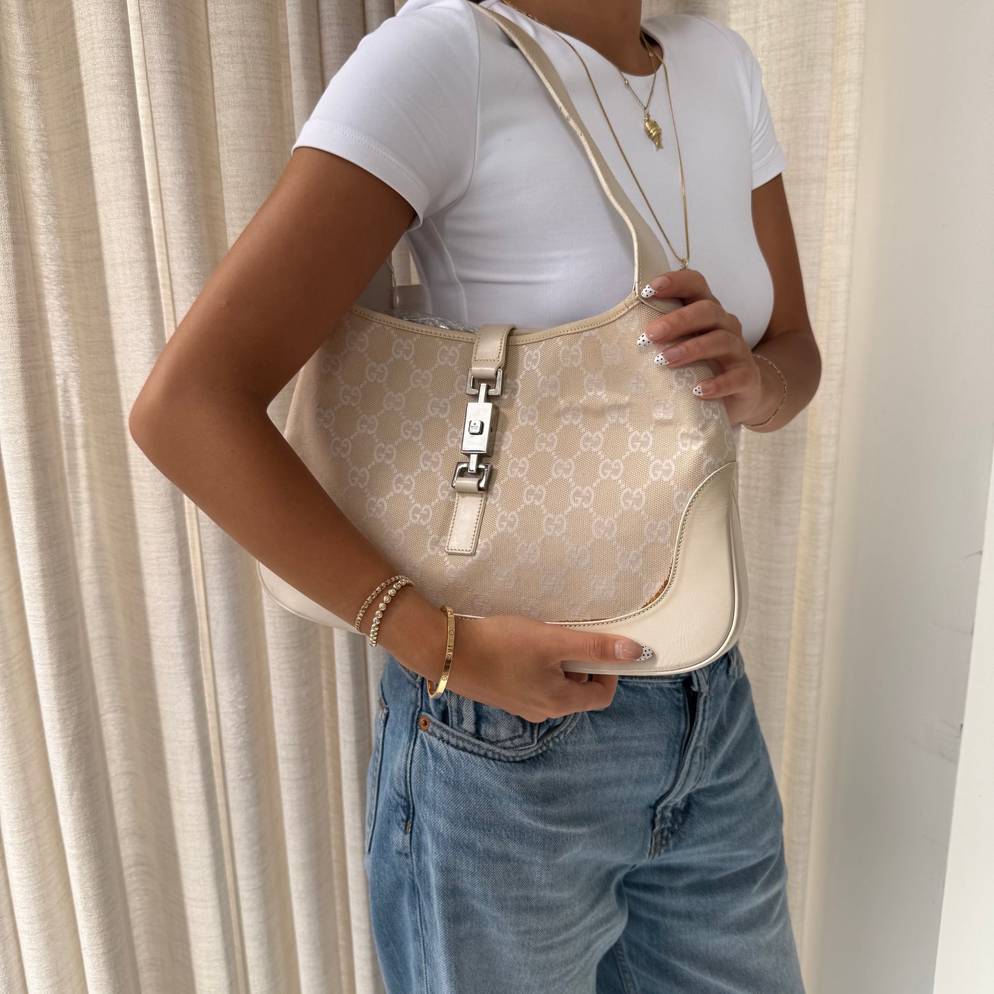 Gucci White Monogram Jackie Shoulder Bag