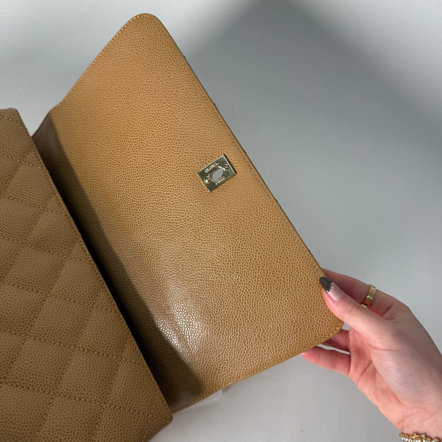 Chanel 2000 Beige Caviar Kelly Flap Top Handle Bag
