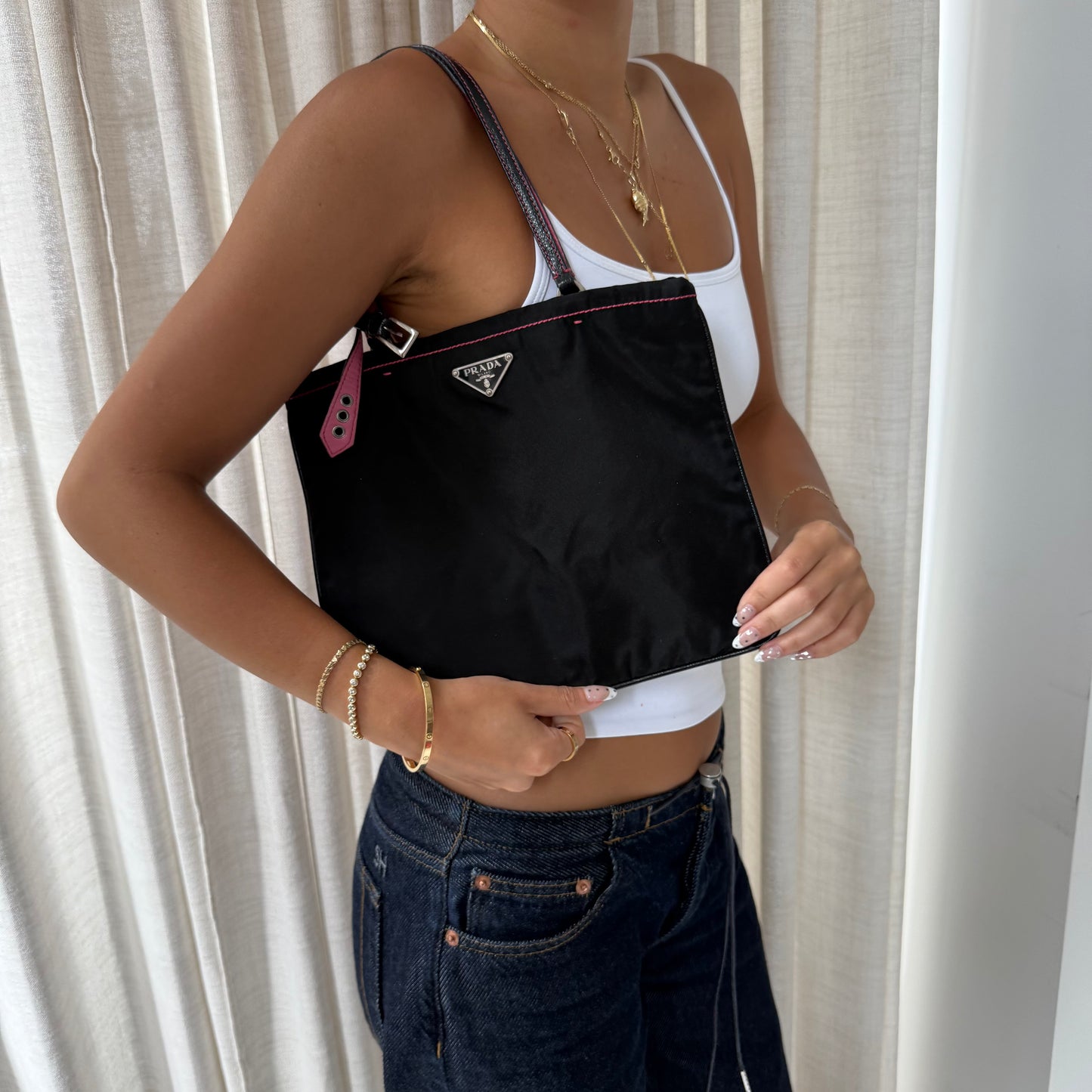 Prada Black Nylon & Pink Trim Small Tote Bag