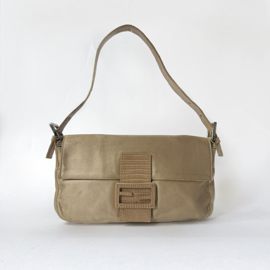 Fendi Beige Satin & Python Baguette Shoulder Bag
