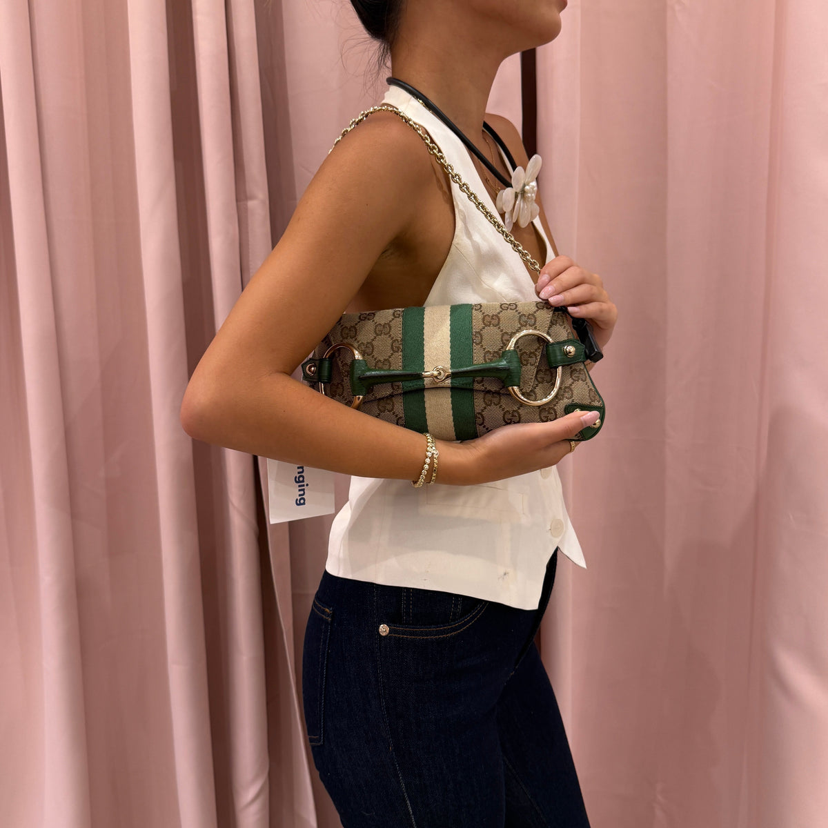 Gucci Brown & Green Canvas Monogram Web Horsebit Mini Pochette
