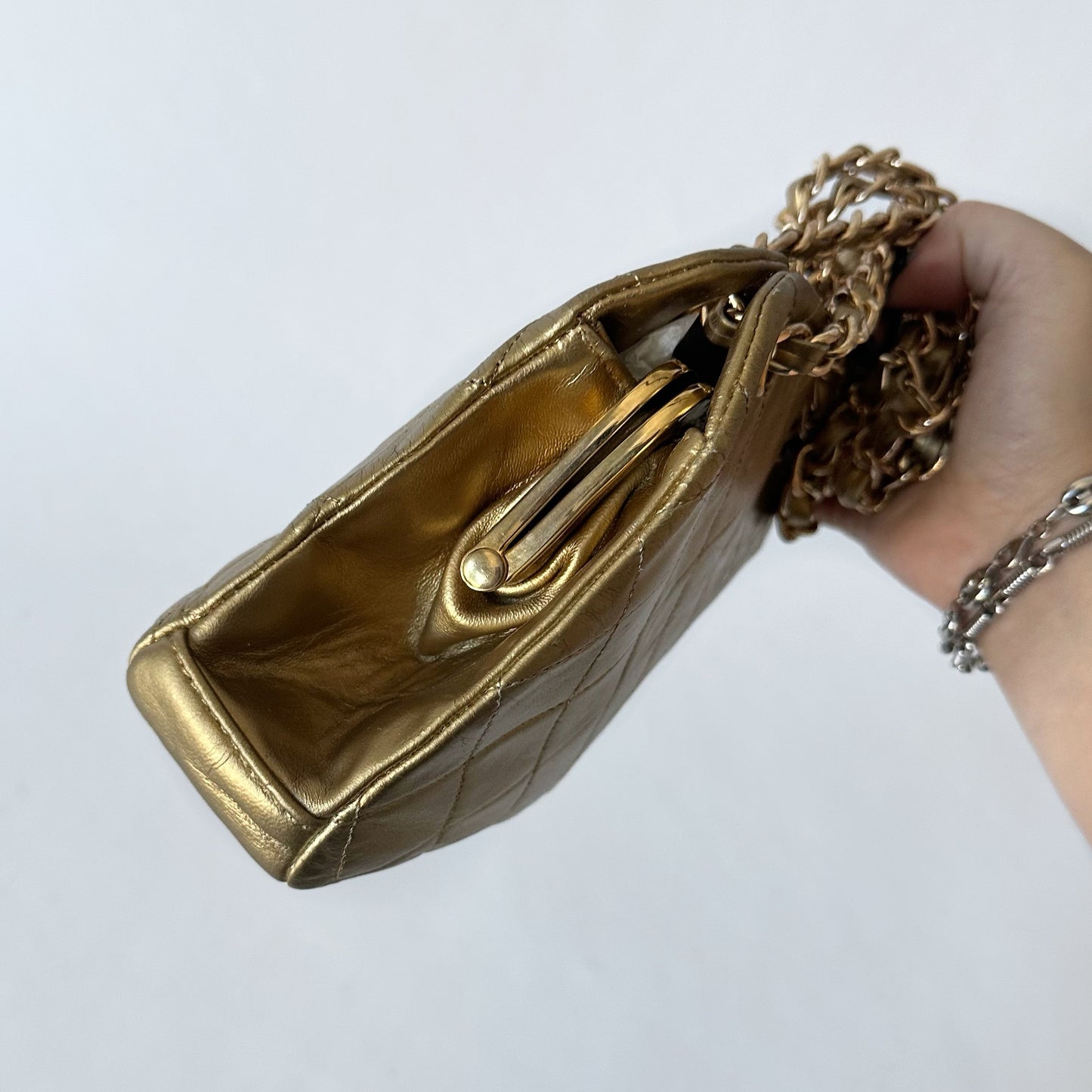 Chanel 1990 Gold Lambskin Kisslock Shoulder Bag