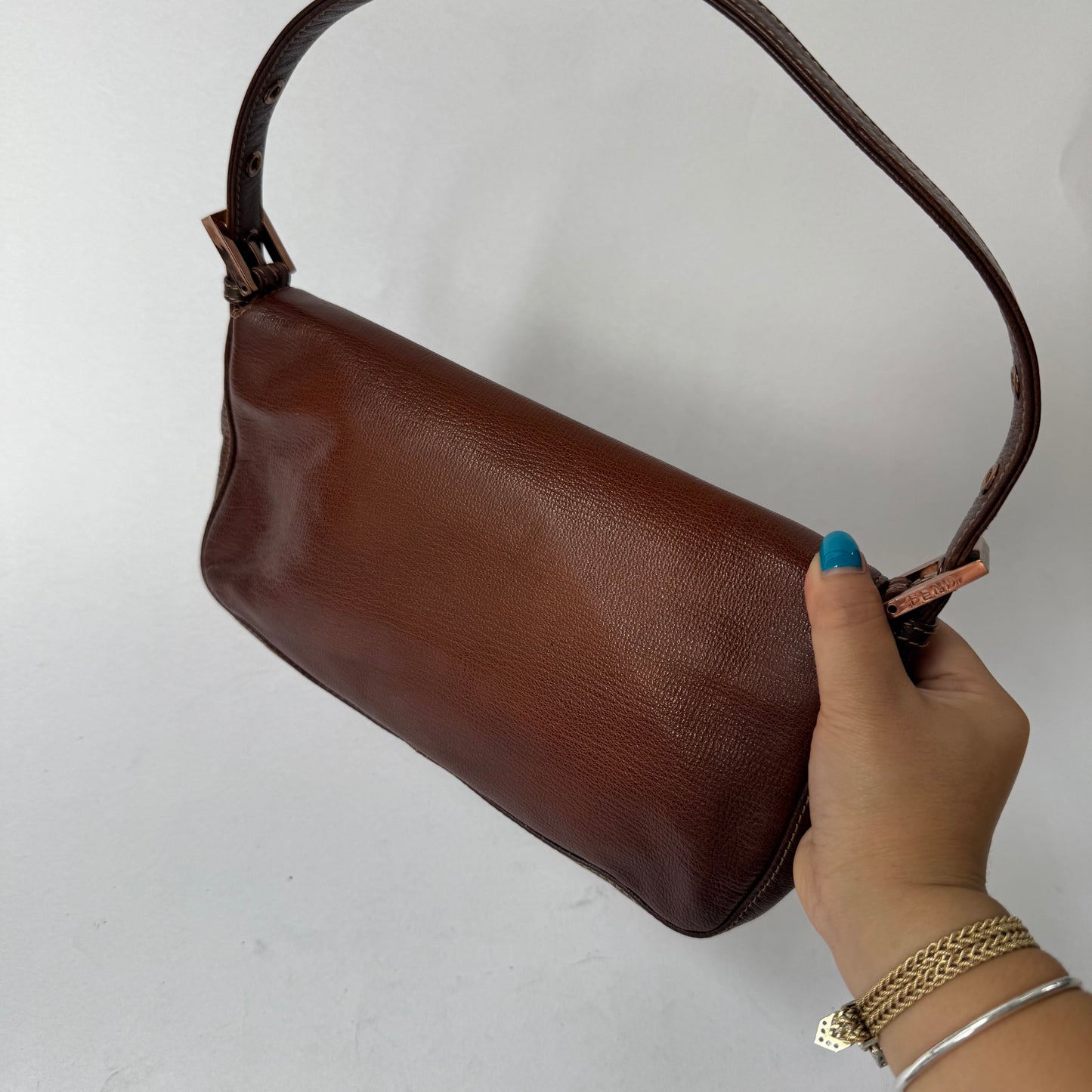 RARE Fendi Brown Leather Patina Black Stone Rose Gold HW Baguette Shoulder Bag