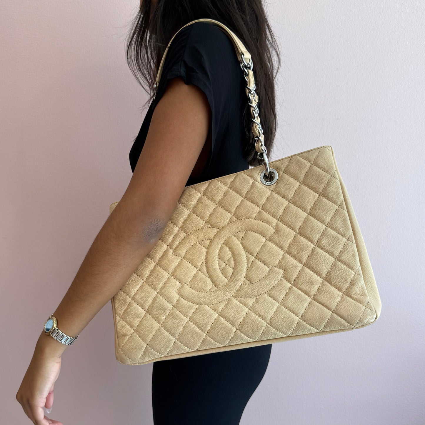 Chanel Beige Caviar Leather Grand Tote Bag
