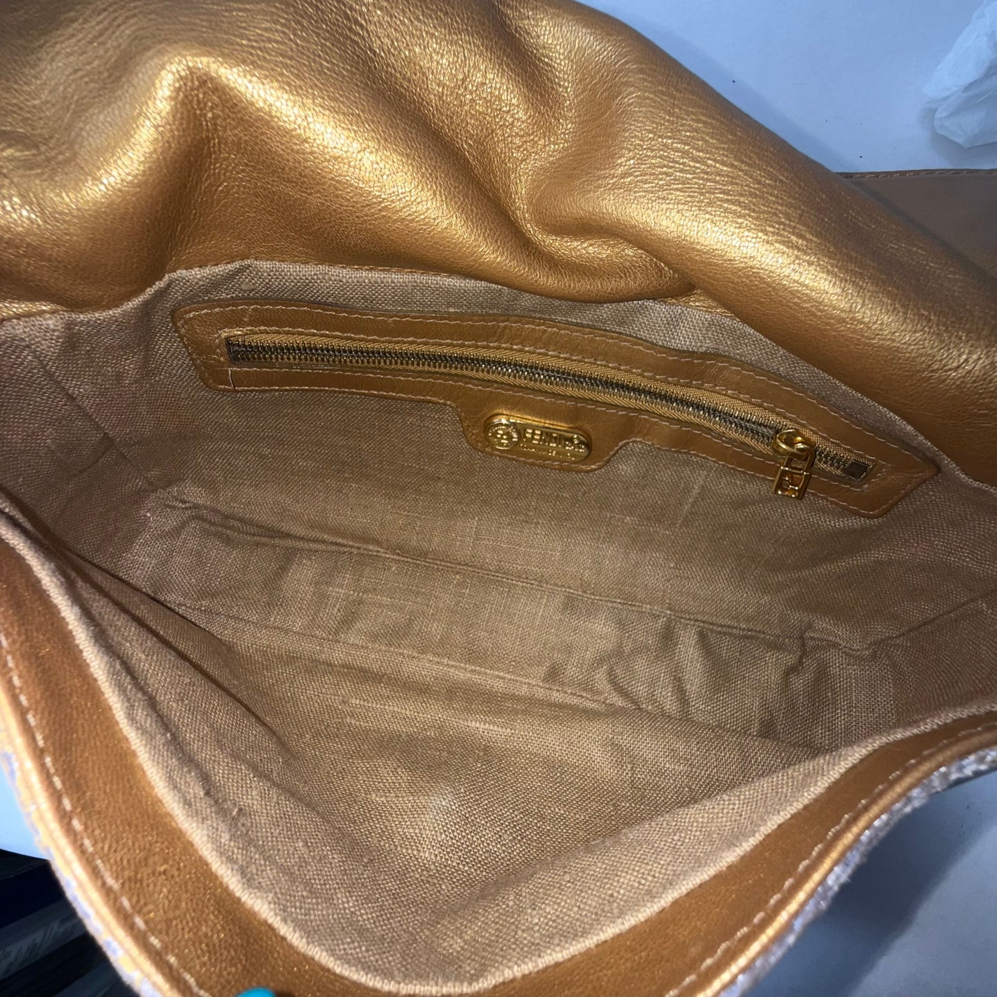 Fendi Gold & Purple Zebra Printed Baguette Shoulder Bag