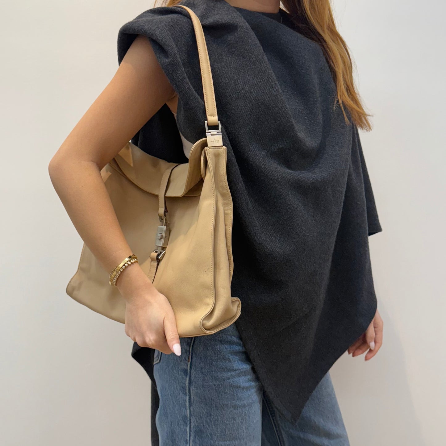 Gucci Beige Leather Jackie Bardot Shoulder Bag