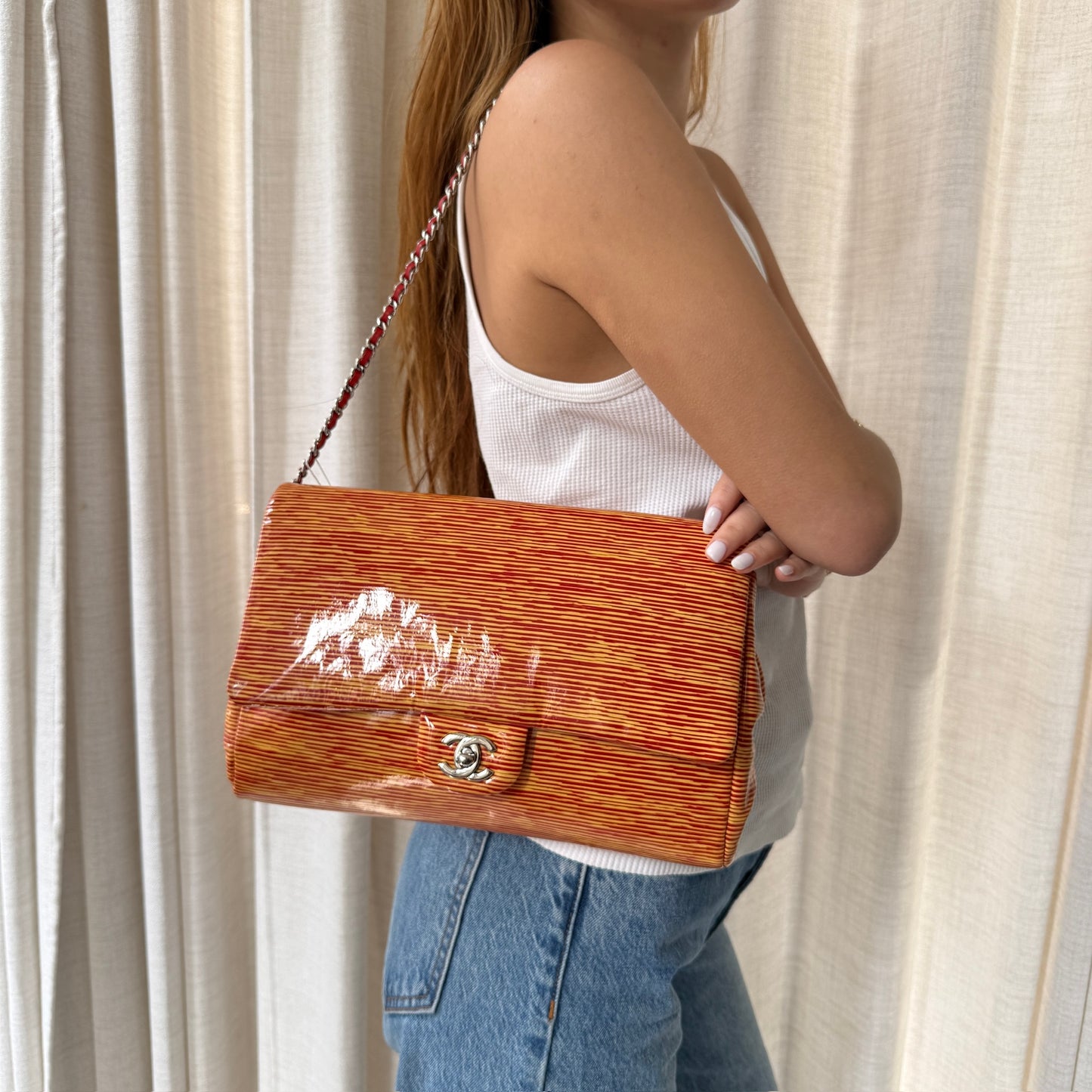 Chanel Striped Orange Patent Leather Flap Shoulder Bag