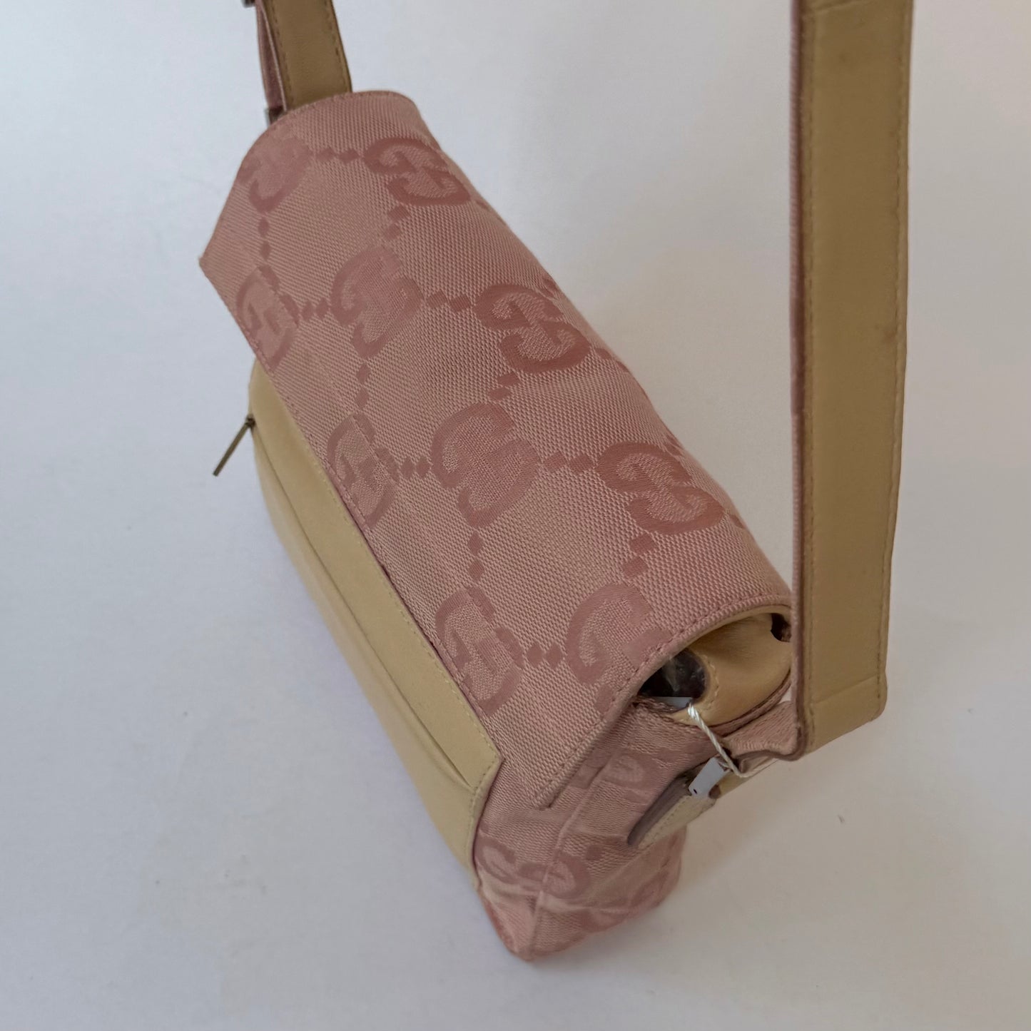 Gucci Pink Monogram & Beige Leather Shoulder Bag