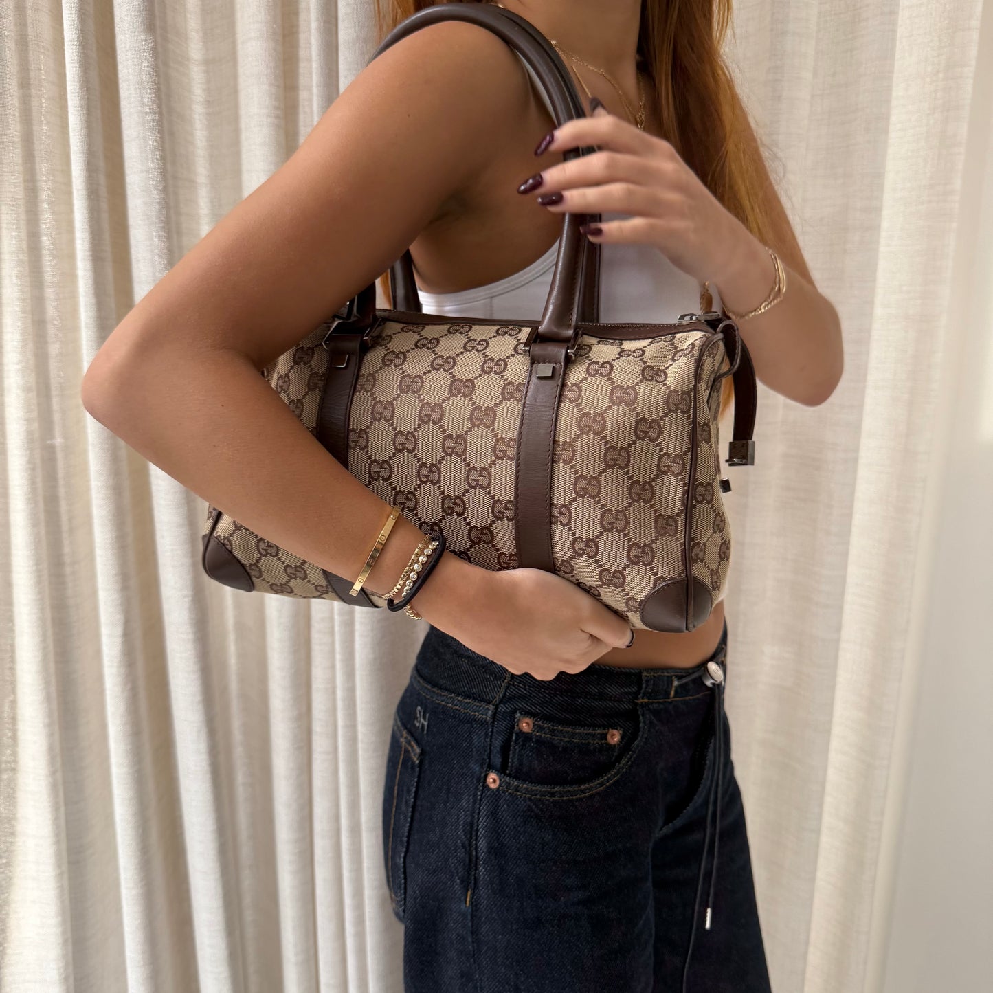 Gucci Brown Canvas Monogram Boston Bag