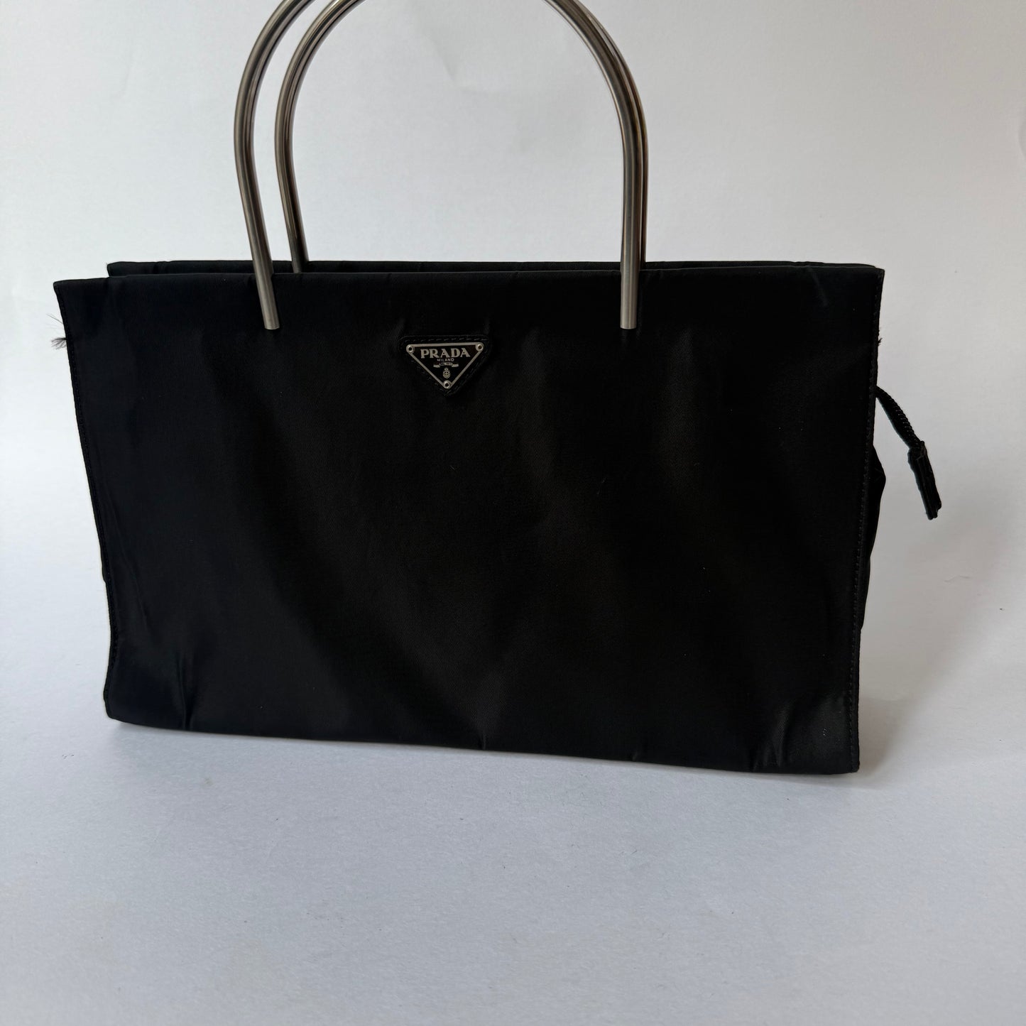 Prada Black Nylon Metal Handle E/W Tote Bag