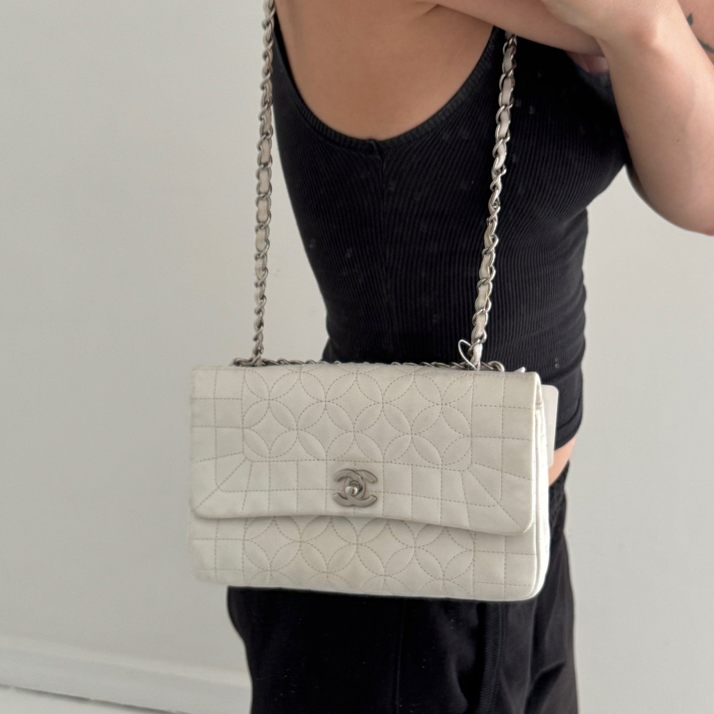 Chanel White Leather Lady Graphic Quilted Camellia Flap Bag