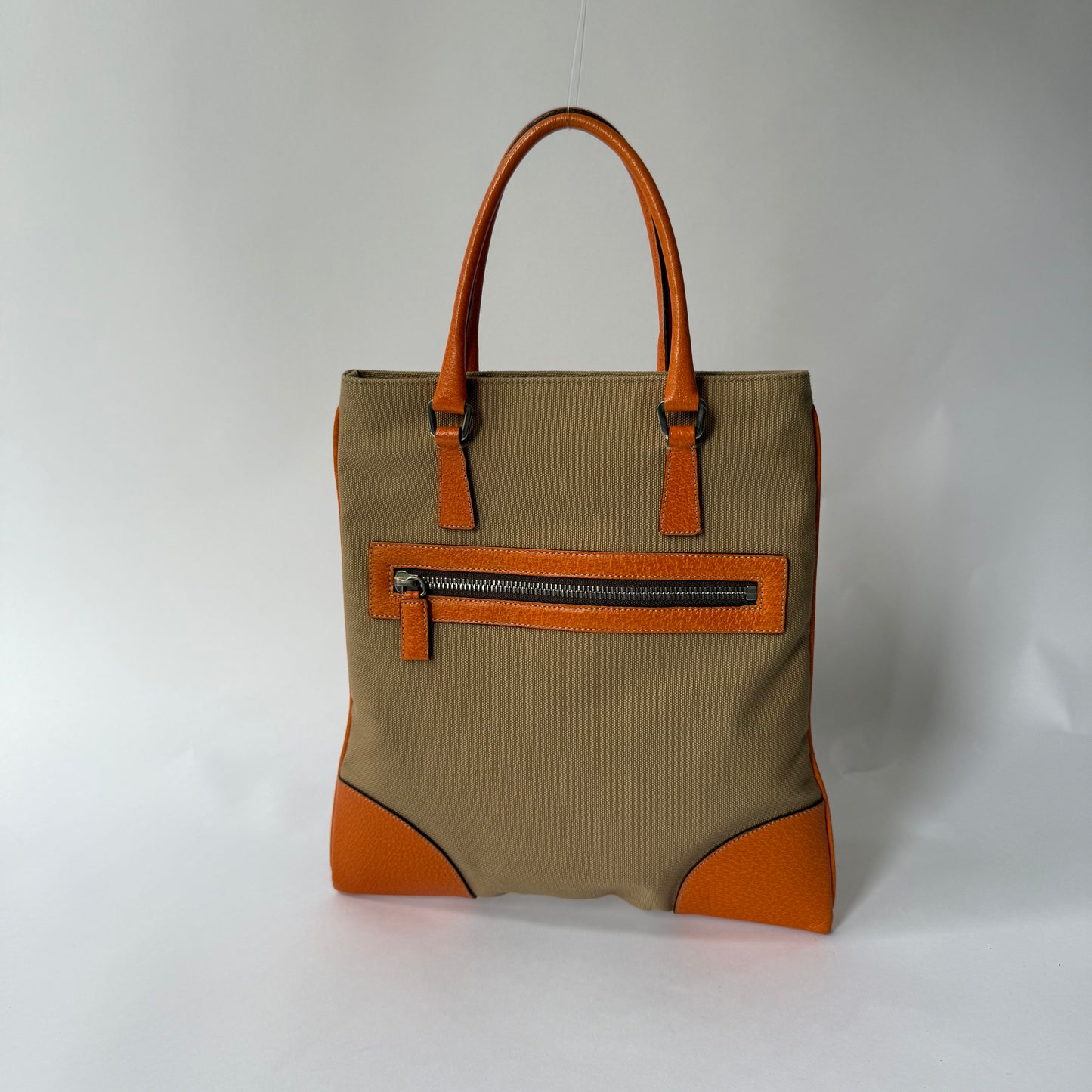 Prada Beige Canvas & Orange Leather Flat Tote Bag