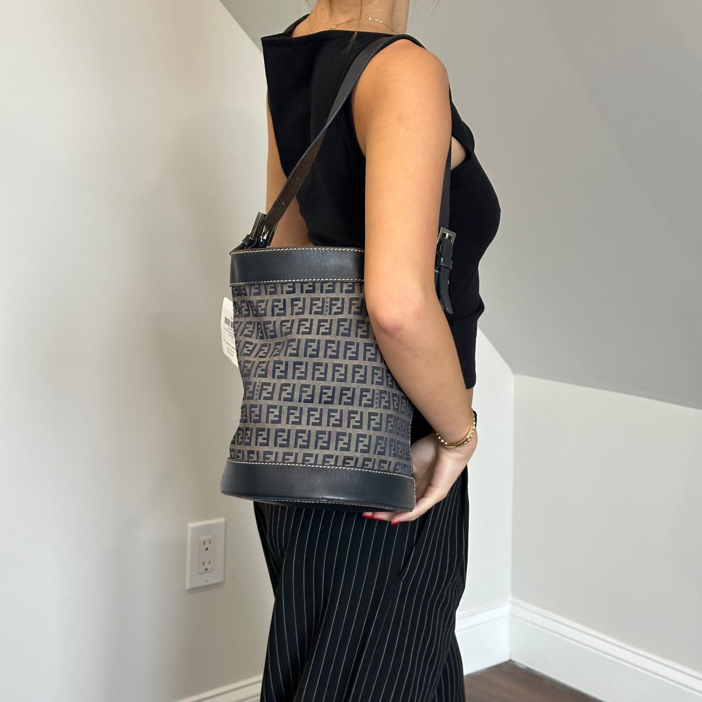 Fendi Navy Zucchino Drawstring Bucket Bag