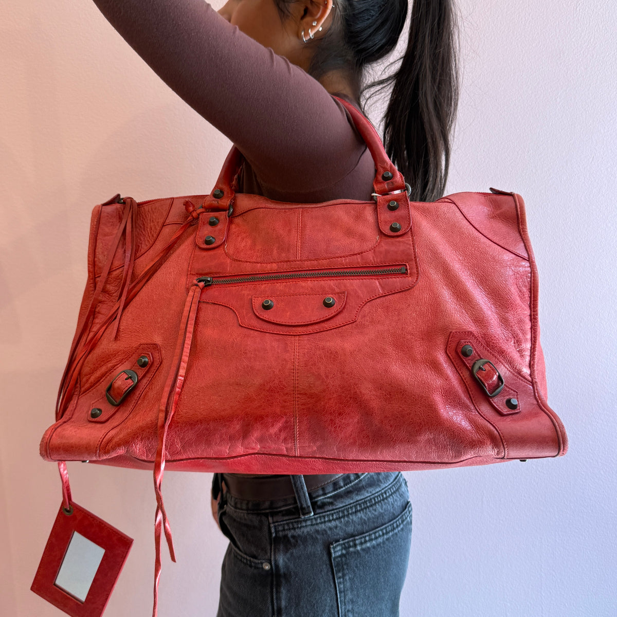 Balenciaga Red Leather Work Tote Bag w/ Bronze Hardware