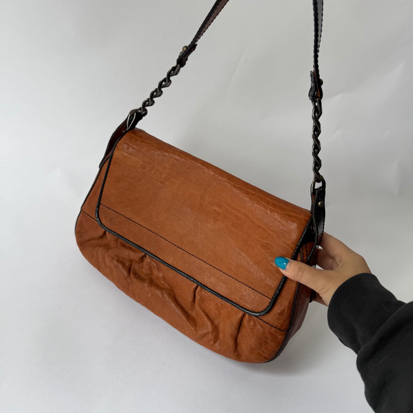 Fendi Brown Pebbled Leather Double Buckle Shoulder Bag