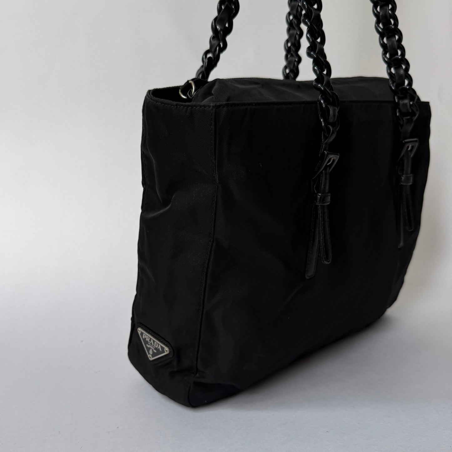Prada Black Nylon Chain Handle Shoulder Tote Bag