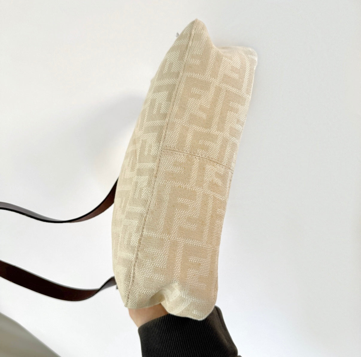 Fendi Cream Canvas Zucca Shoulder Baguette Bag
