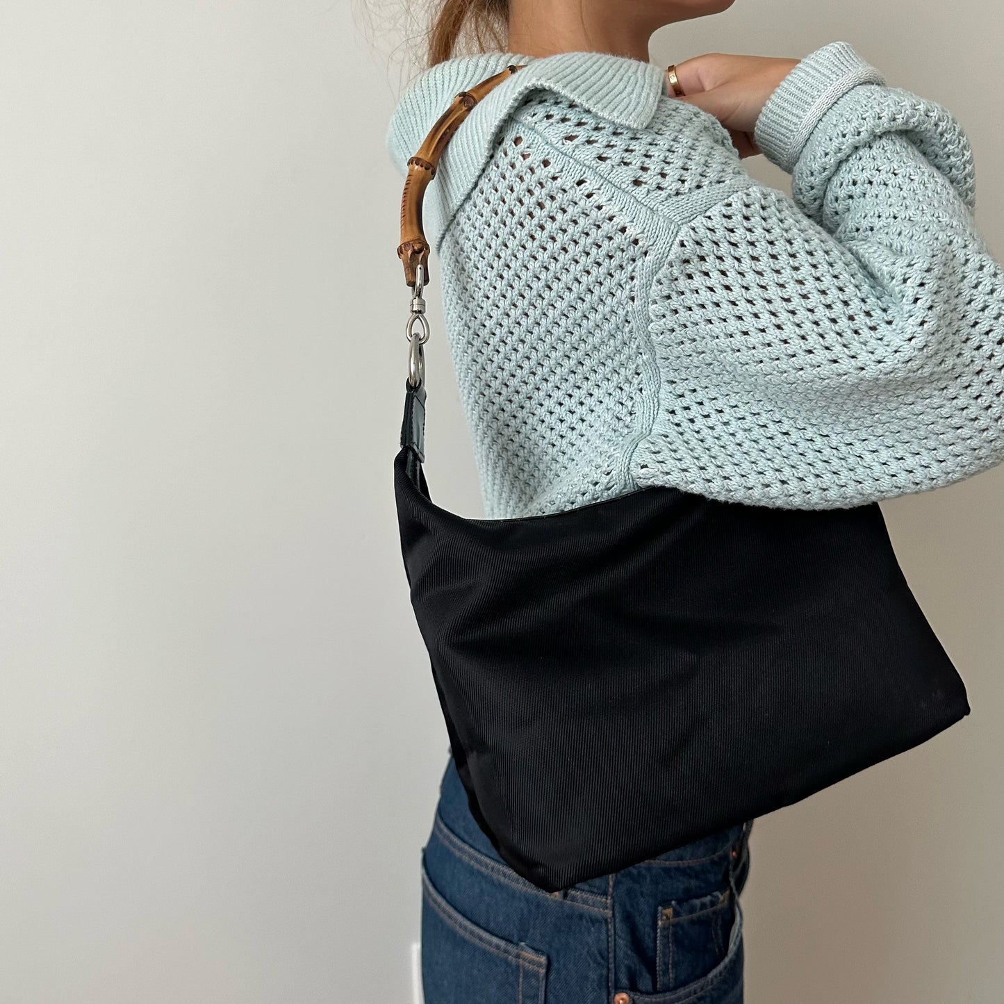 Gucci Black Nylon Bamboo Handle Hobo Tote