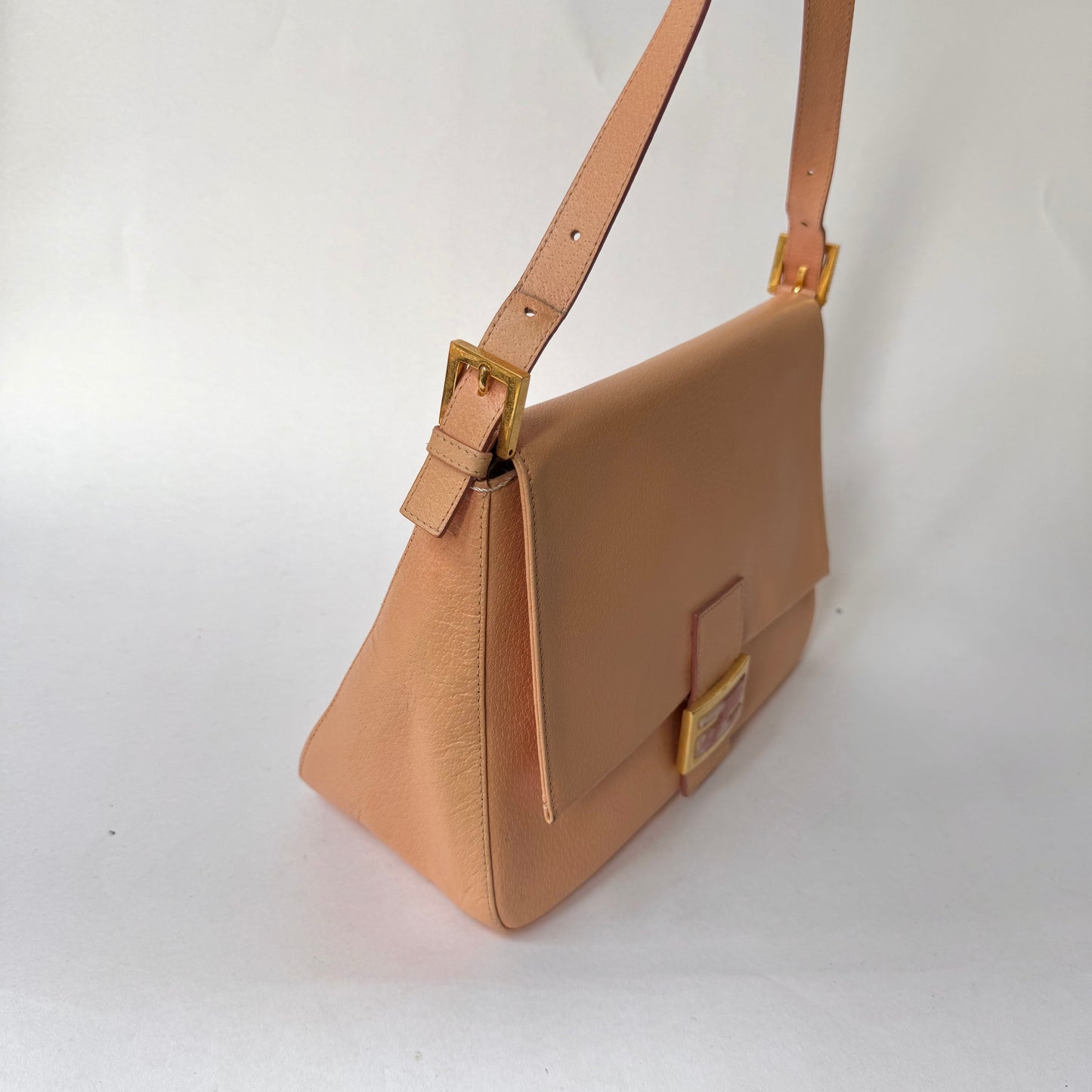 Fendi Peach Pebbled Leather Mama Baguette w/ Stone Plaque