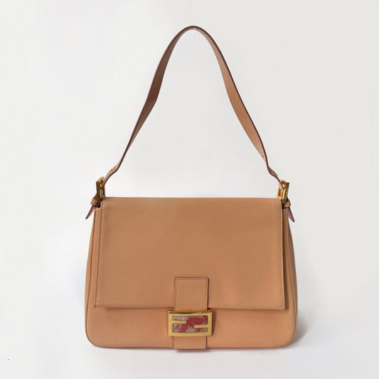 Fendi Peach Pebbled Leather Mama Baguette w/ Stone Plaque