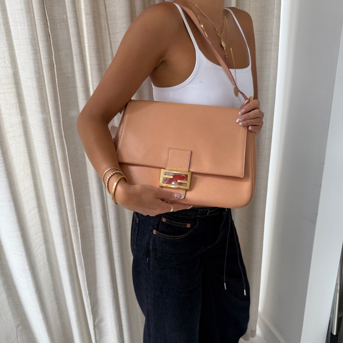 Fendi Peach Pebbled Leather Mama Baguette w/ Stone Plaque