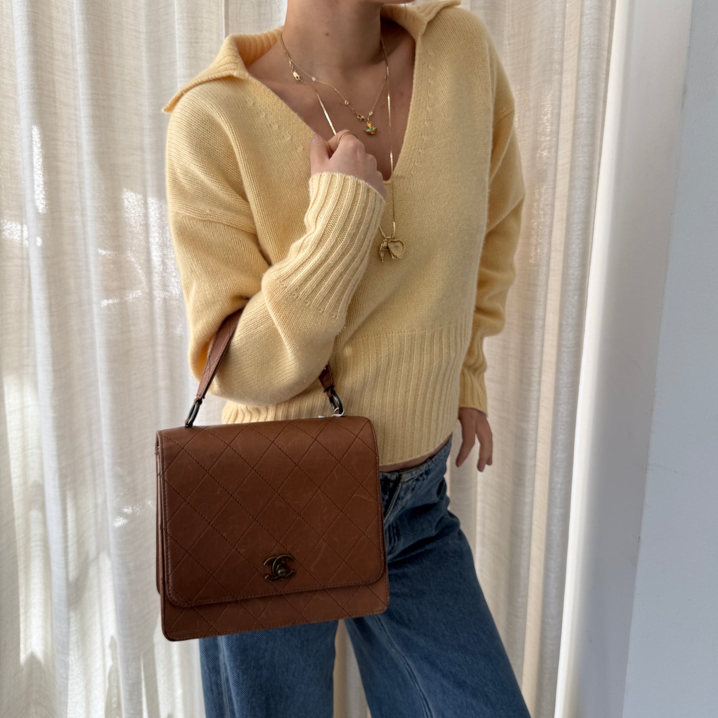 Chanel 1997 Brown Lambskin Leather Quilted Kelly Top Handle Flap